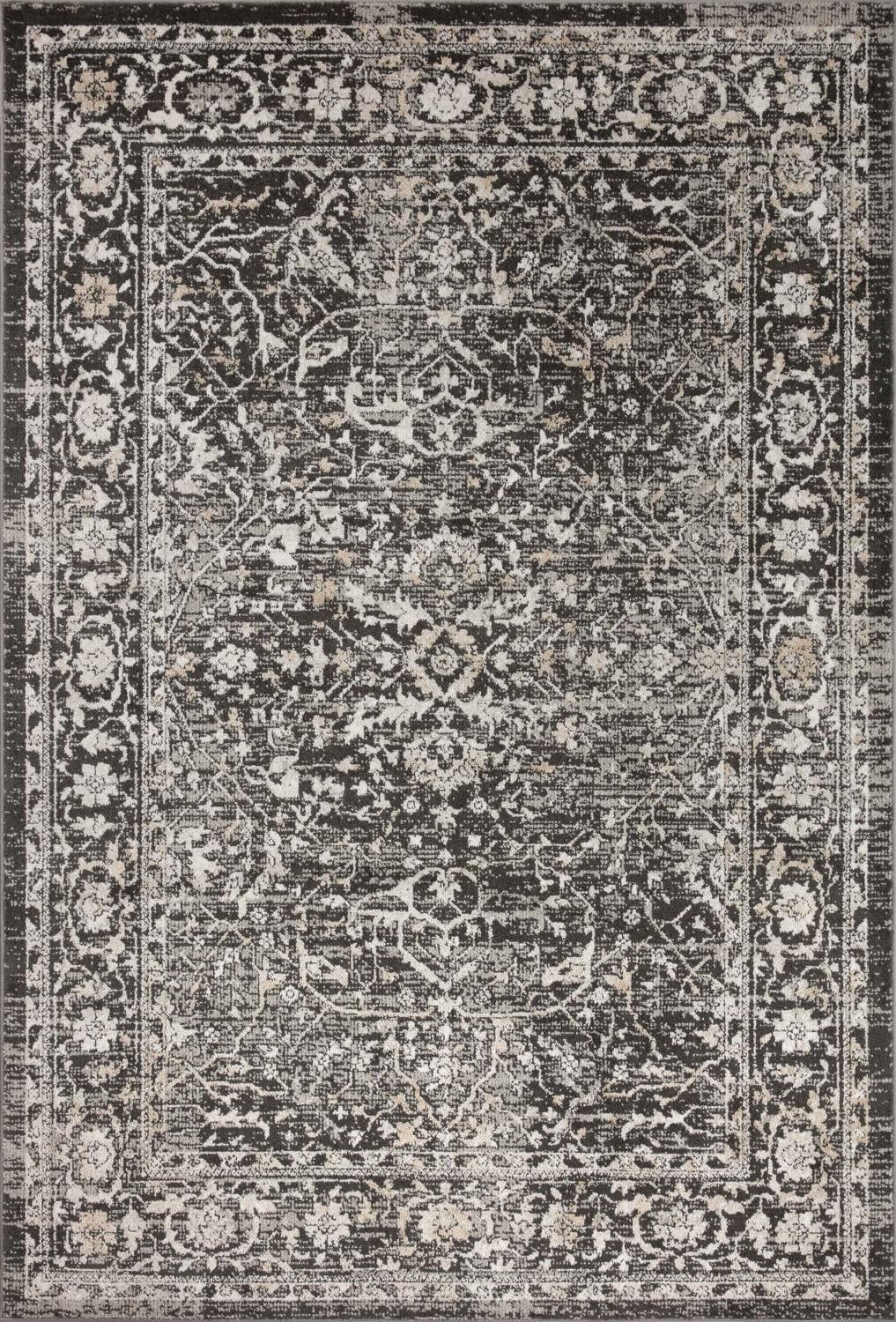 Odette Black and Silver Floral Motif Low Pile Area Rug