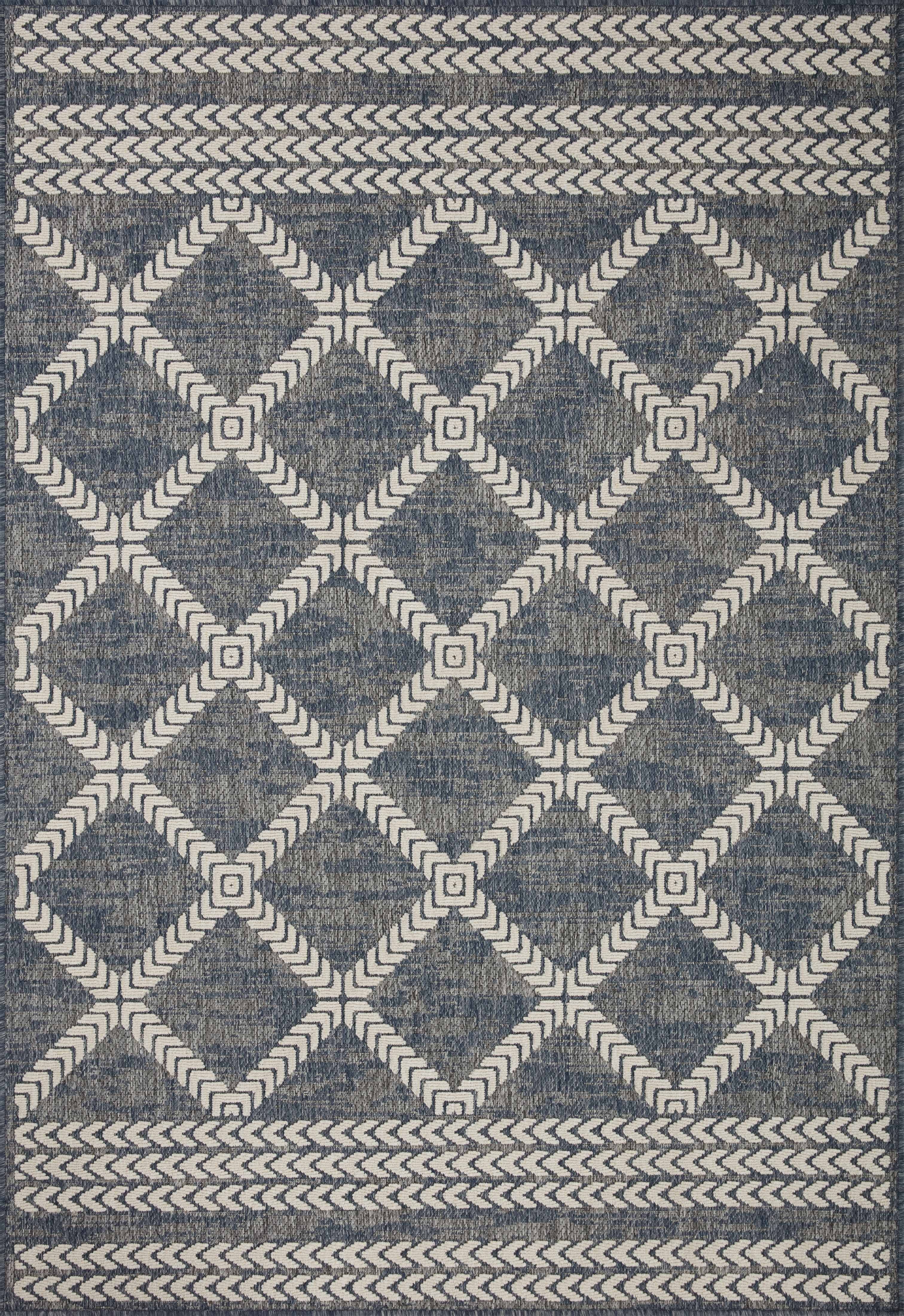 Denim and Ivory Geometric Synthetic Indoor/Outdoor Rug 2'-2" x 3'-9"