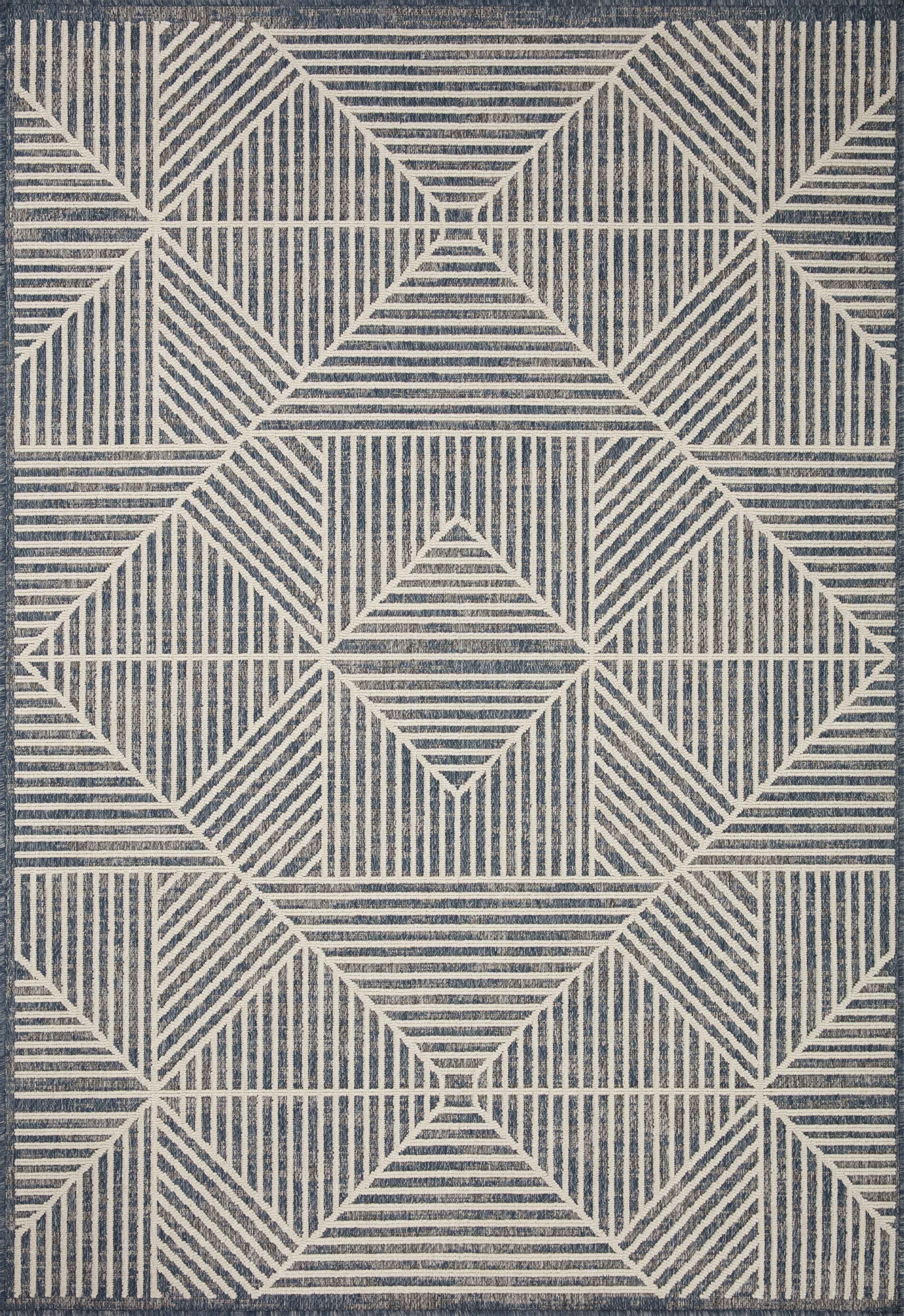 Denim and Ivory Geometric Synthetic Square Rug Sample