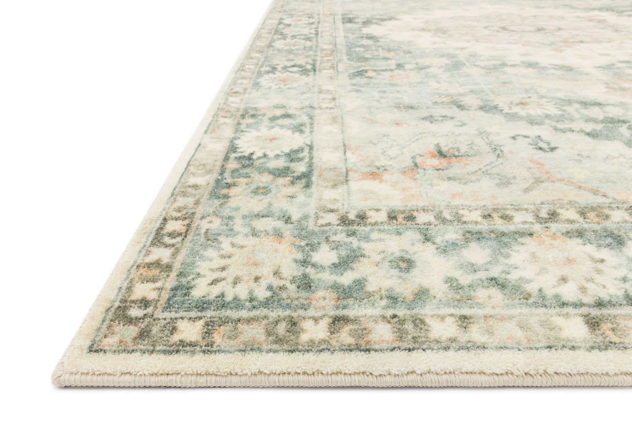 Ivory and Teal Synthetic Traditional Runner Rug