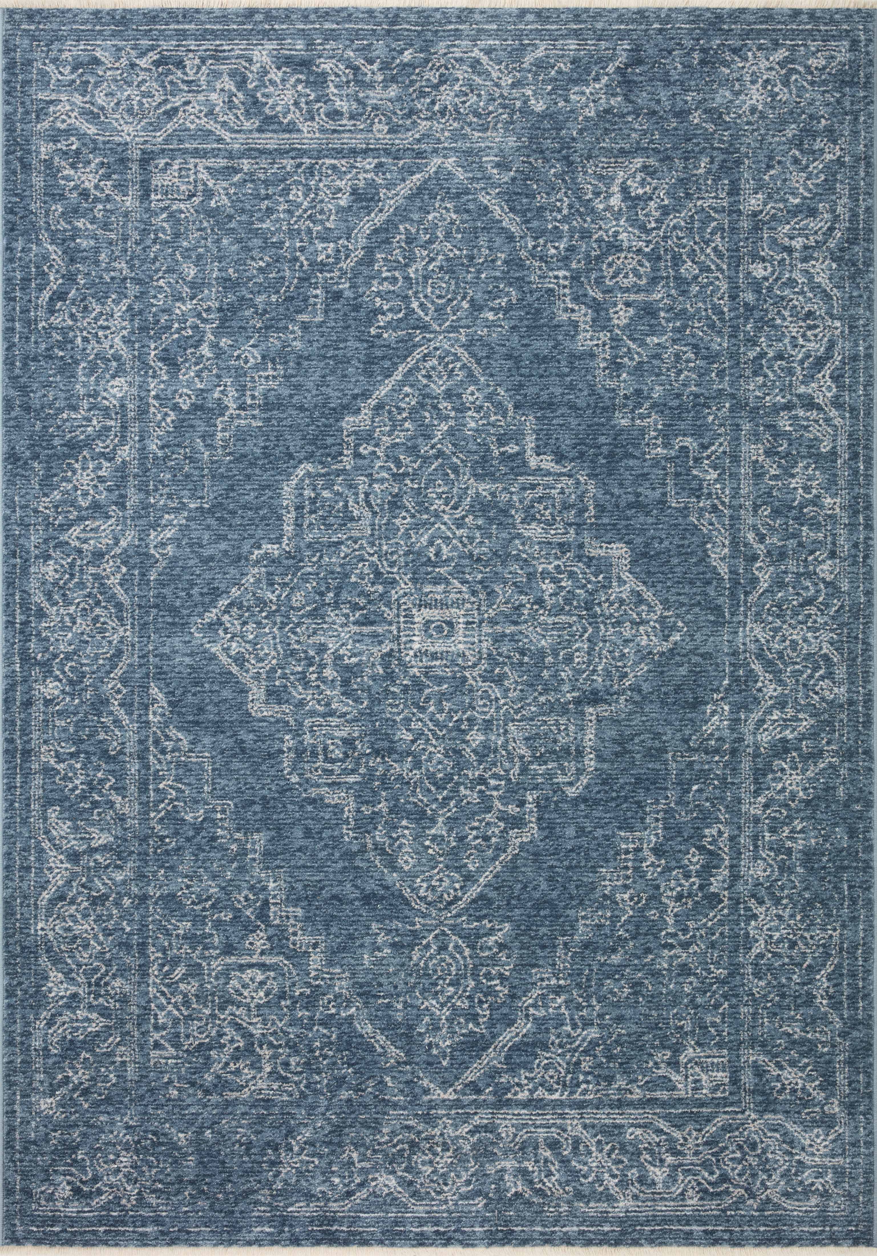 Denim and Dove Polypropylene Runner Rug with Vintage Pattern