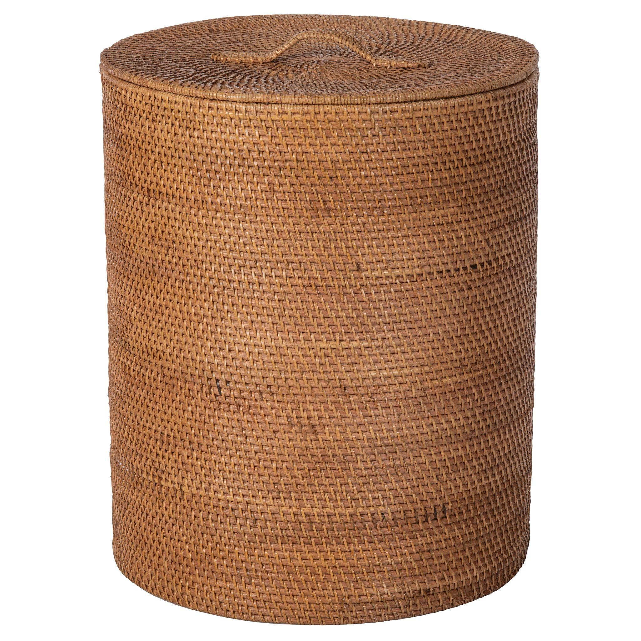 Honey Brown Round Wicker Hamper with Lid and Removable Liner