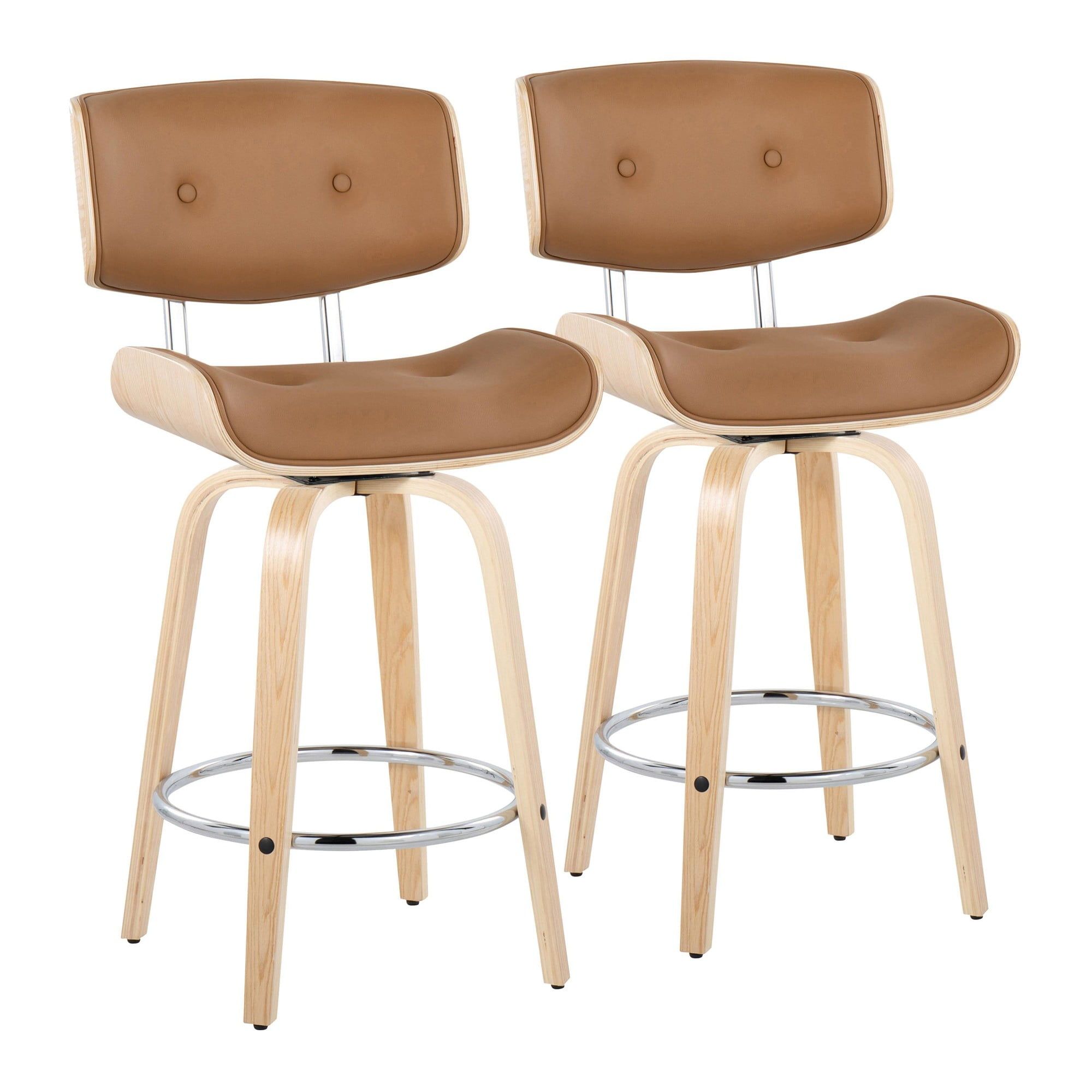 Camel Faux Leather and Natural Wood Swivel Counter Stools