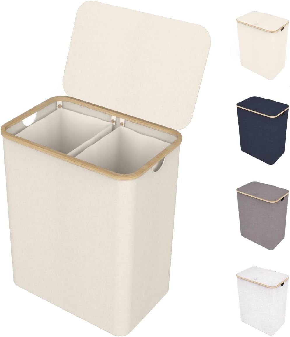 Beige Bamboo Dual Section Collapsible Laundry Hamper with Lid