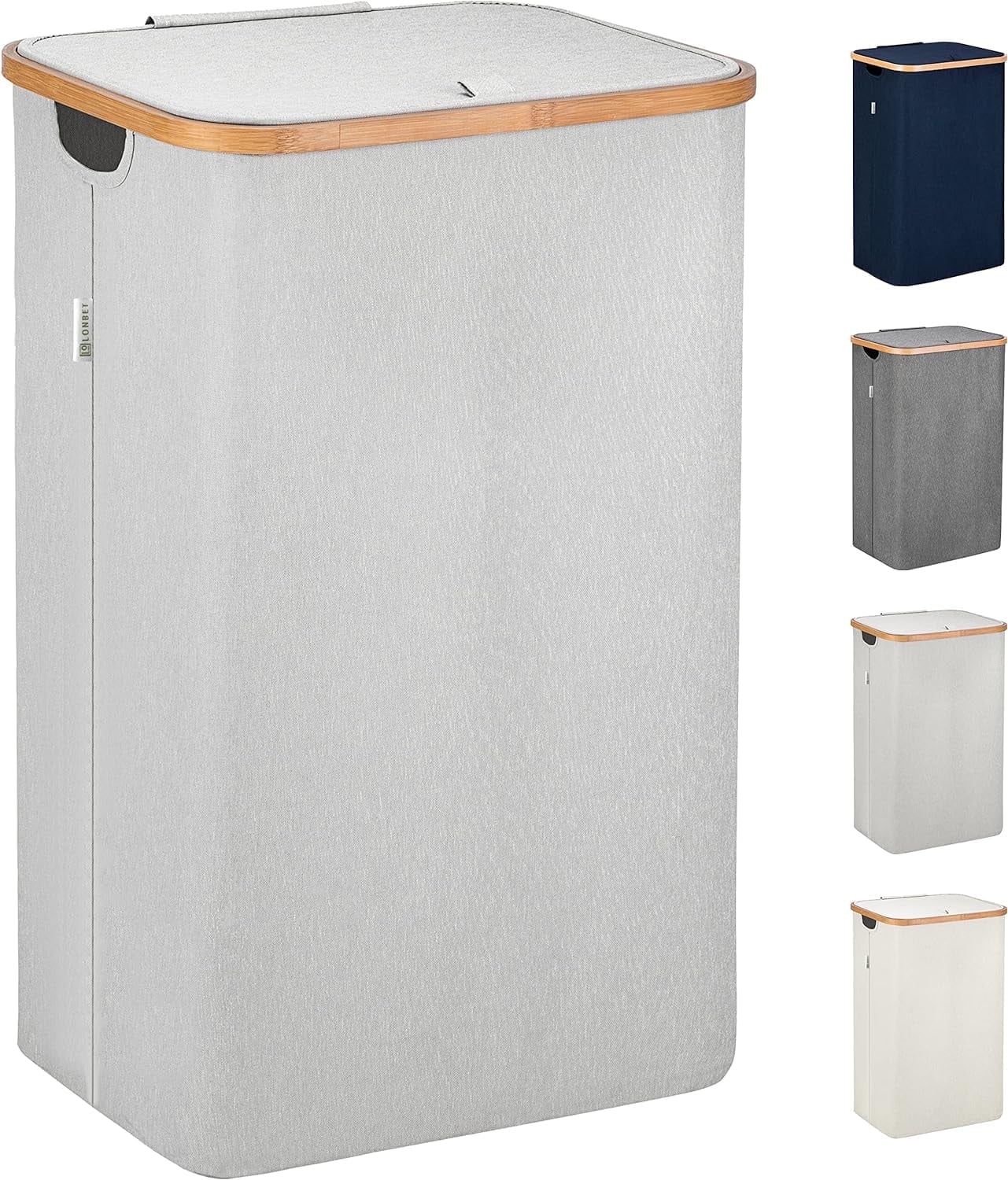 Light Grey Bamboo and Fabric Collapsible Laundry Hamper with Lid