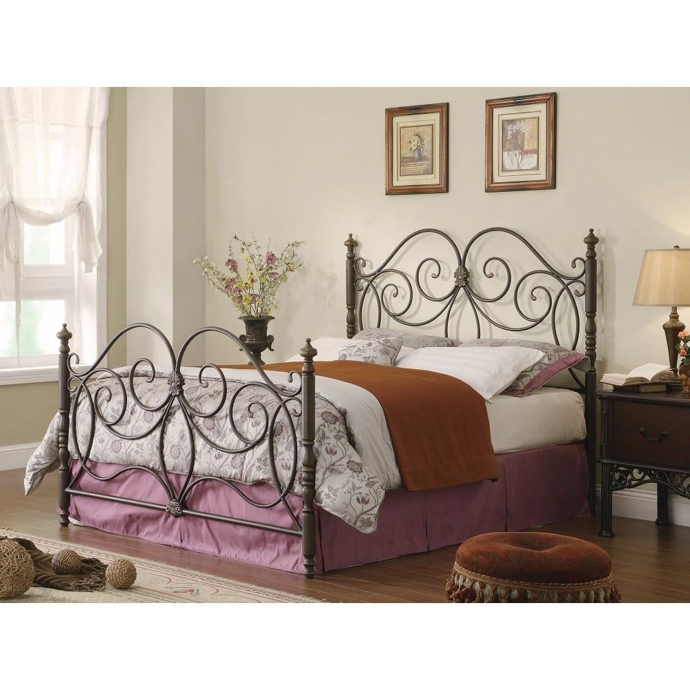 Traditional Queen Metal Bed with Scroll Headboard in Dark Bronze