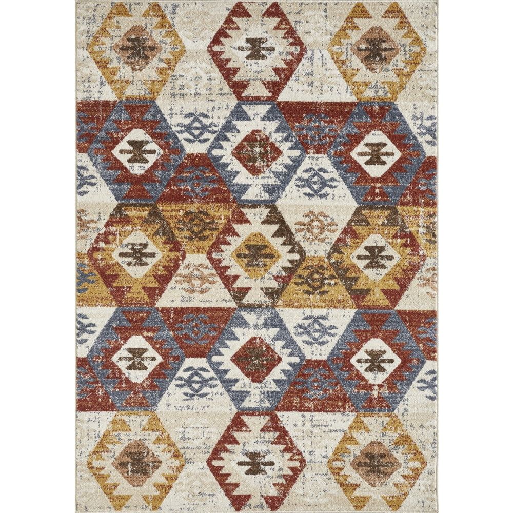 Cream and Multicolor Abstract 5' x 7' Synthetic Area Rug