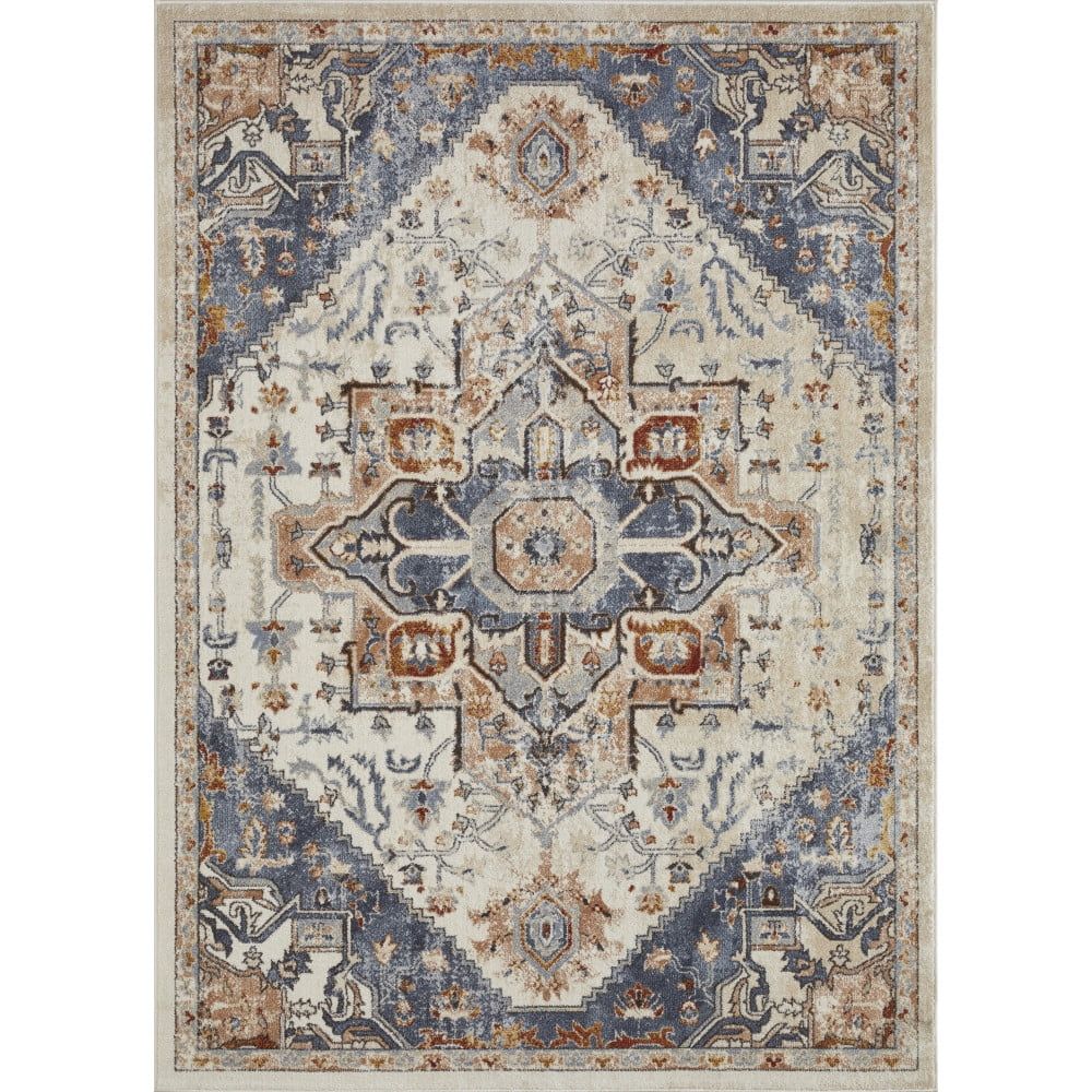 Cream and Blue 6' x 9' Synthetic Oriental Area Rug