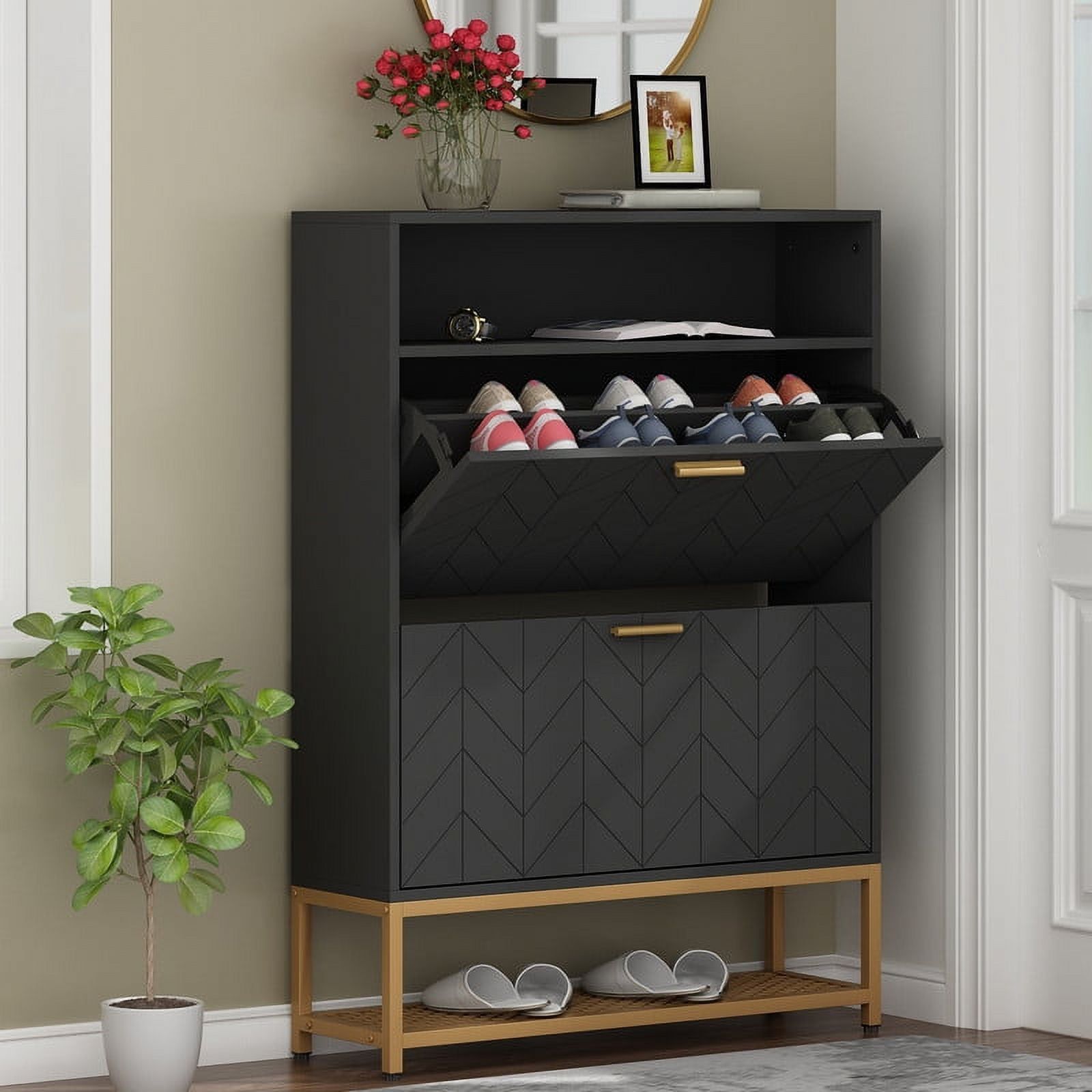 Black Wood 2-Drawer Freestanding Shoe Cabinet with Gold Handles