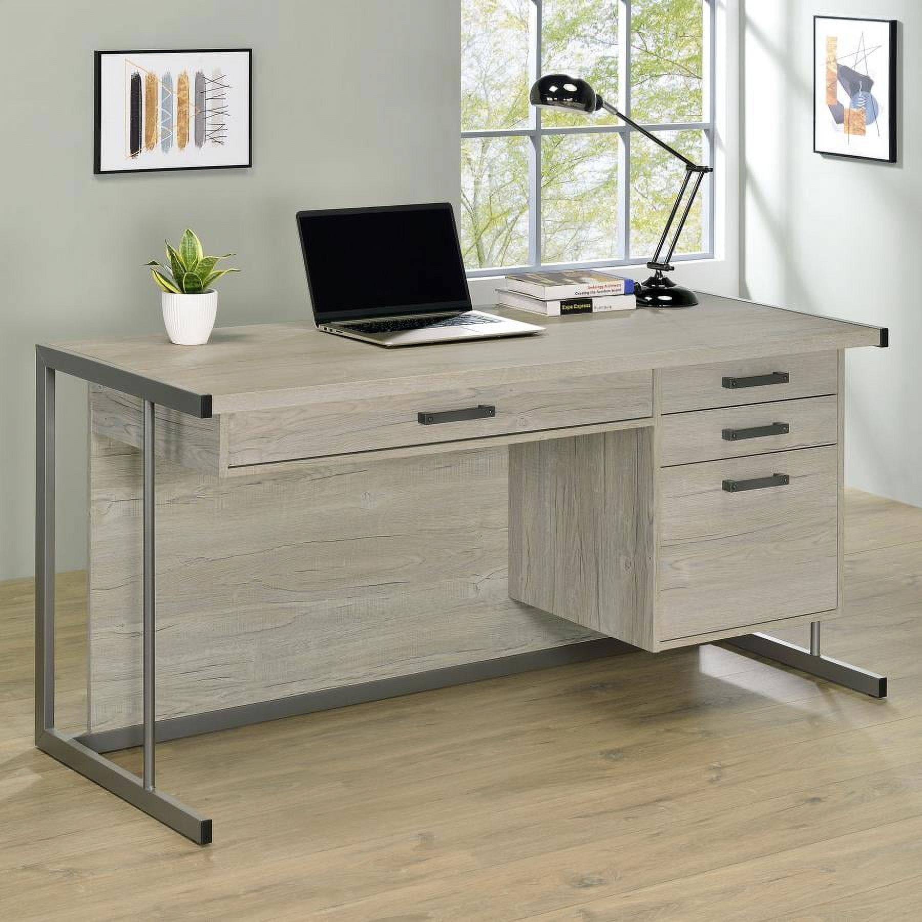 Whitewashed Gray Wood Office Desk with Filing Cabinet