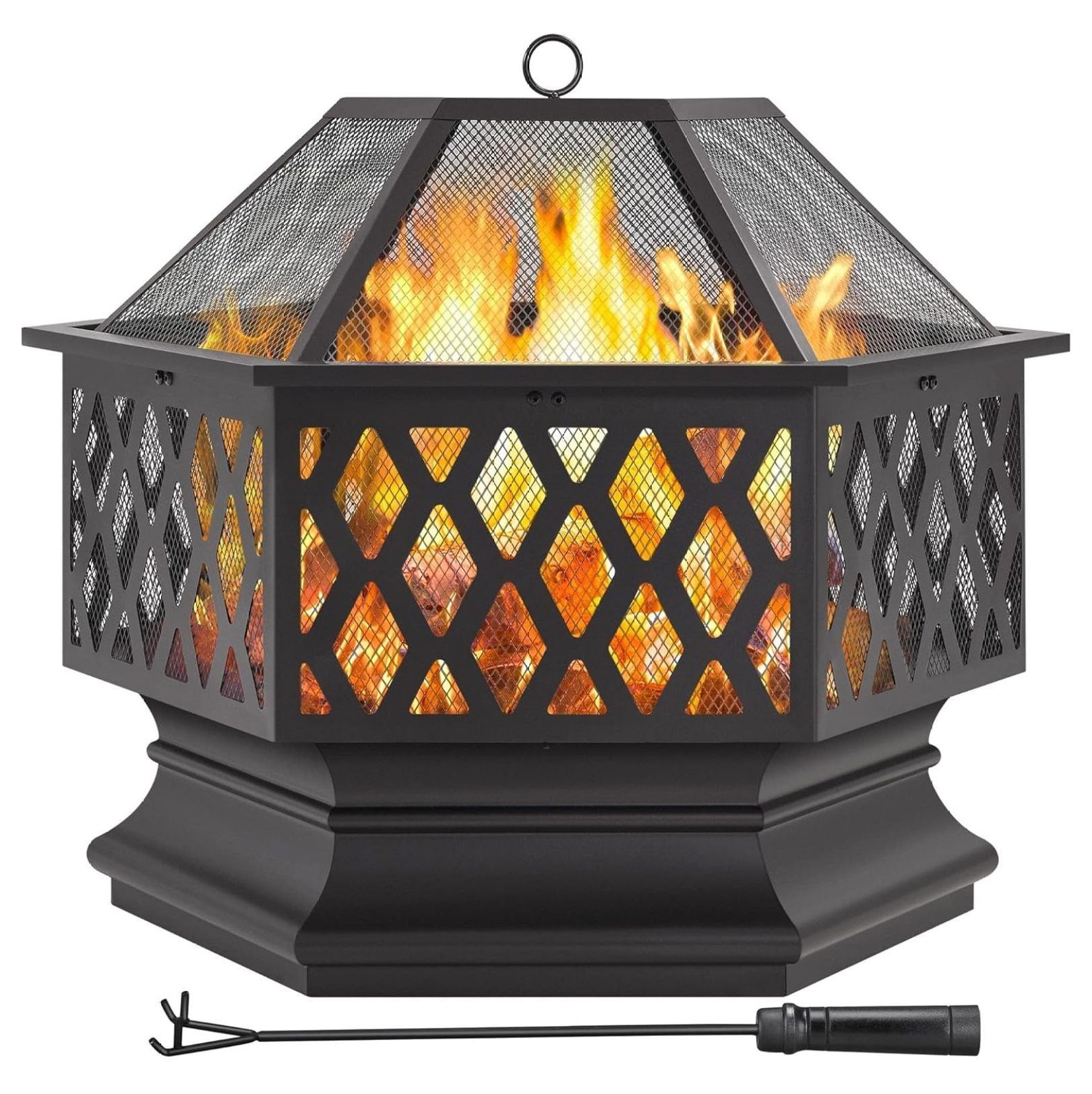 Hexagon Black Metal 28" Fire Pit with Mesh Lid and Poker