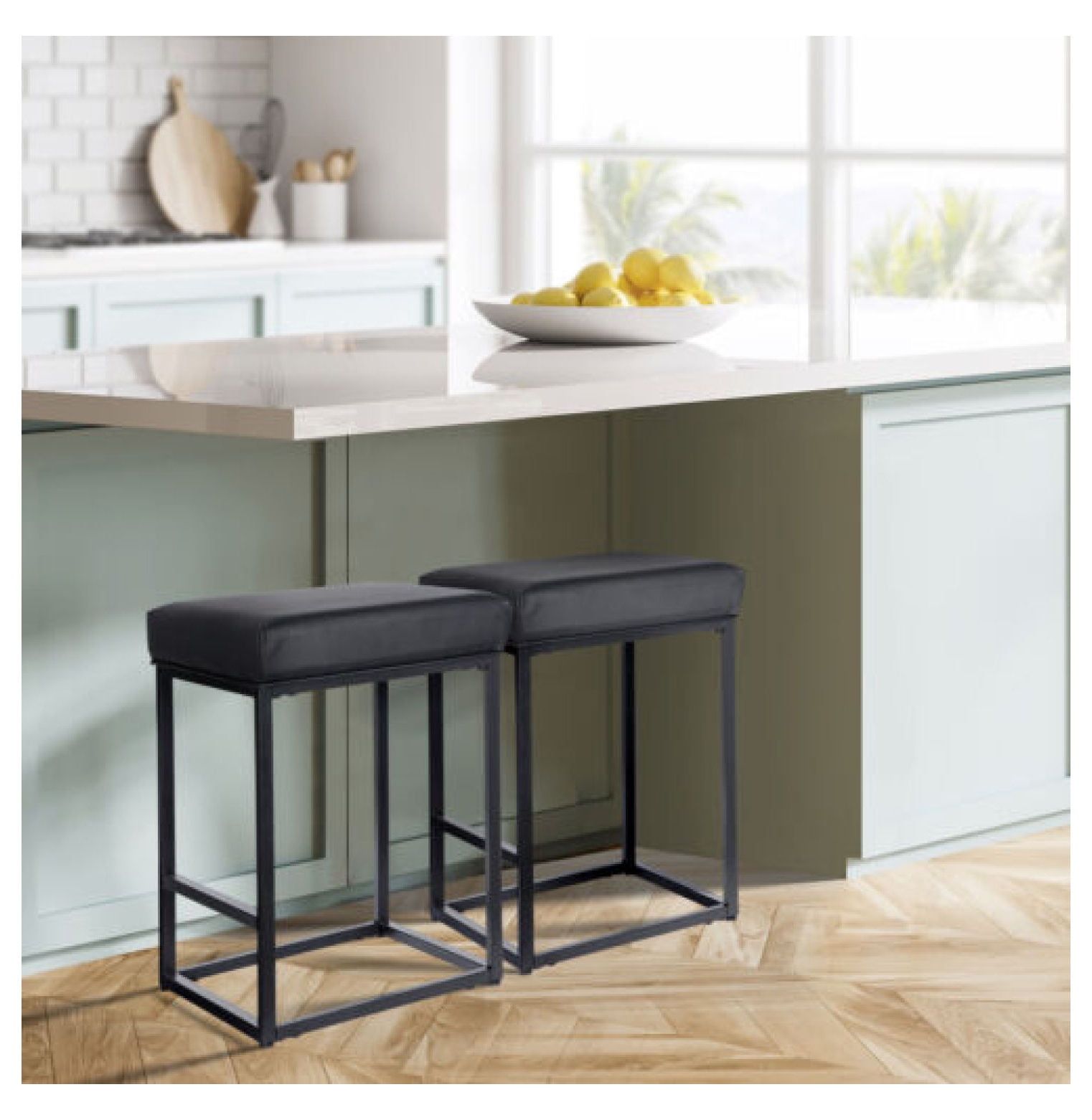 Black Faux Leather and Metal Backless Counter Stools, Set of 2