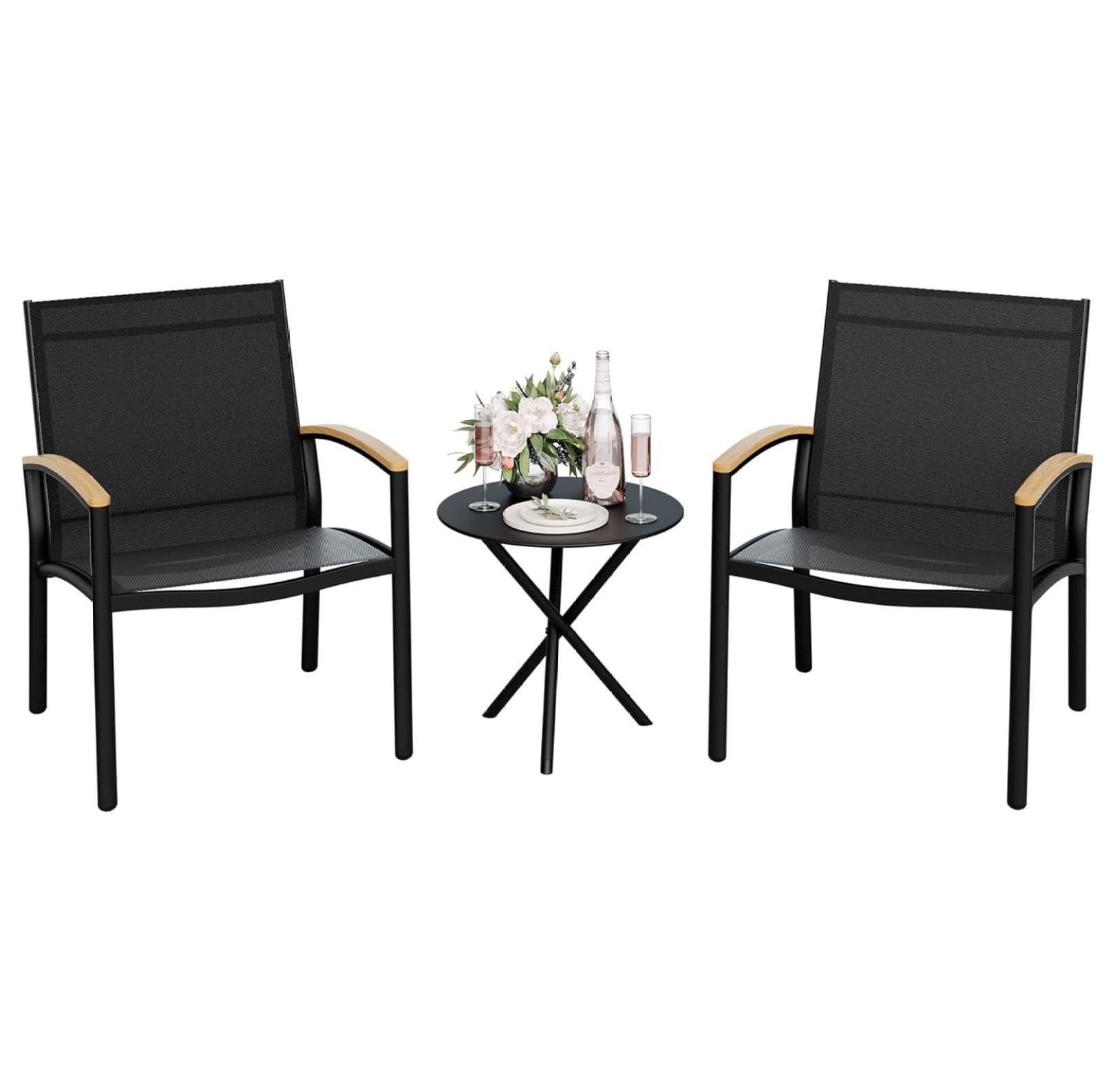 Black Metal 3-Piece Patio Bistro Set with Table