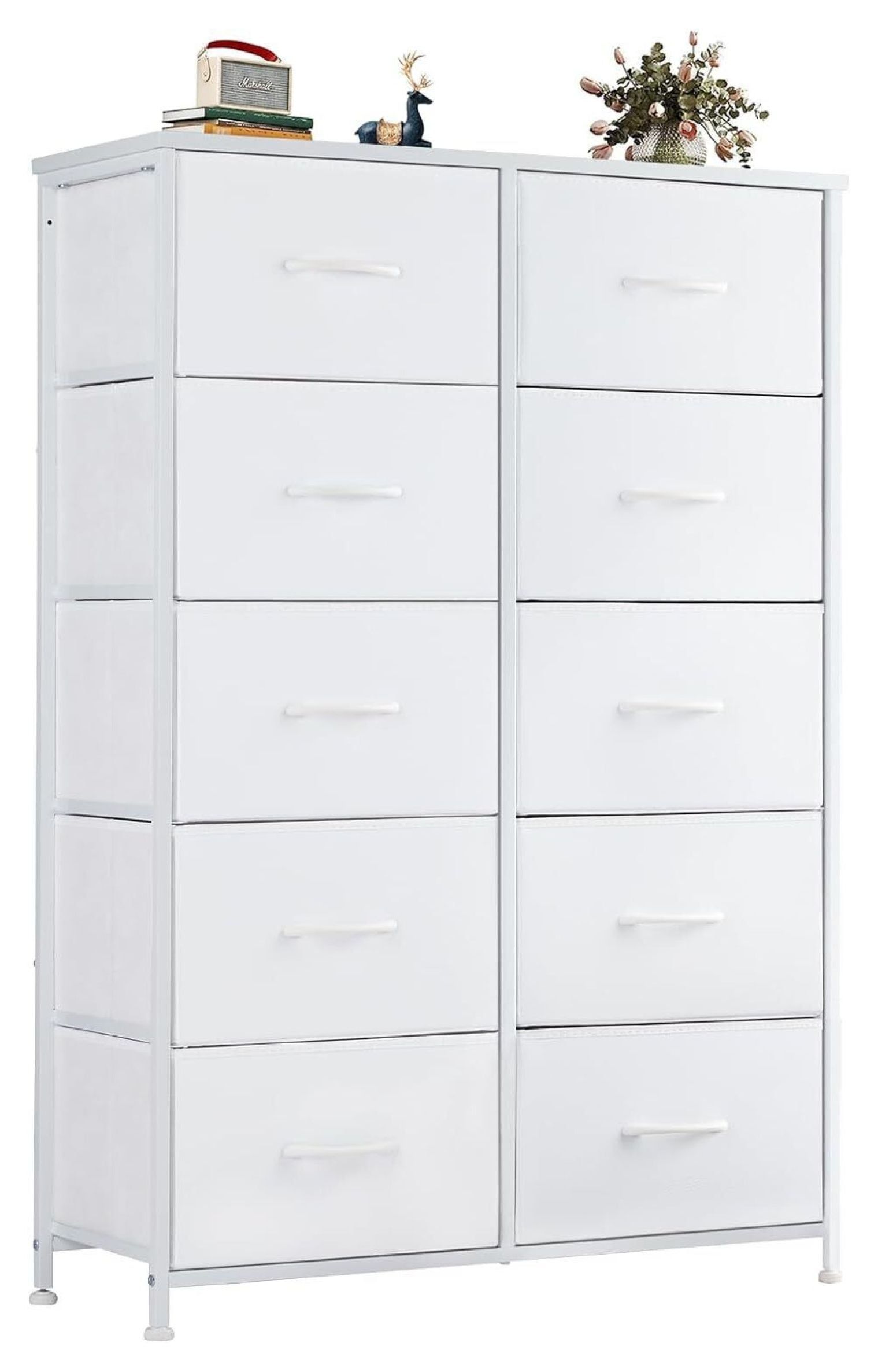 White 10-Drawer Tall Dresser with Steel Frame and Wood Top