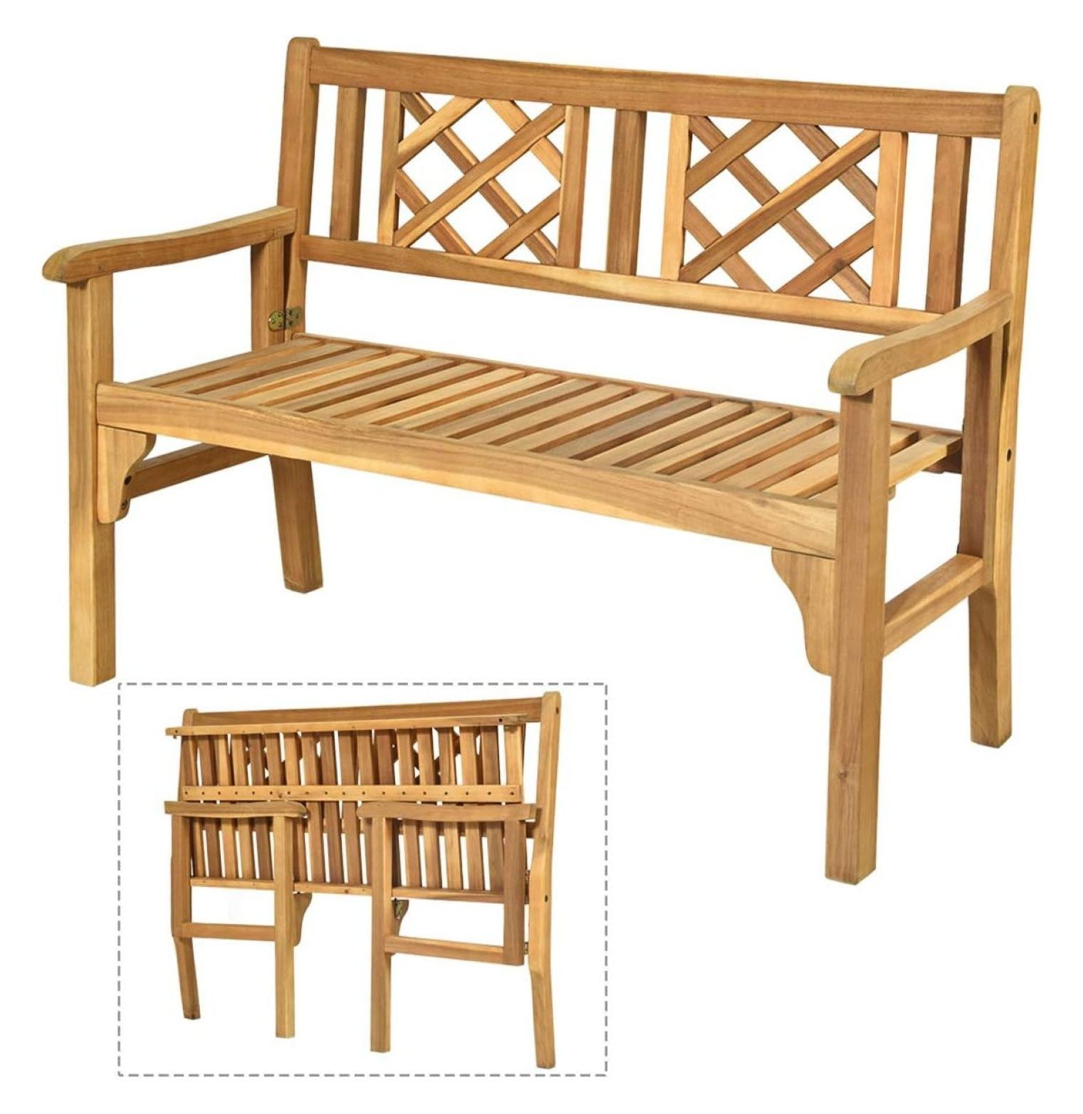 Teak Foldable Acacia Wood Outdoor Bench with Curved Backrest