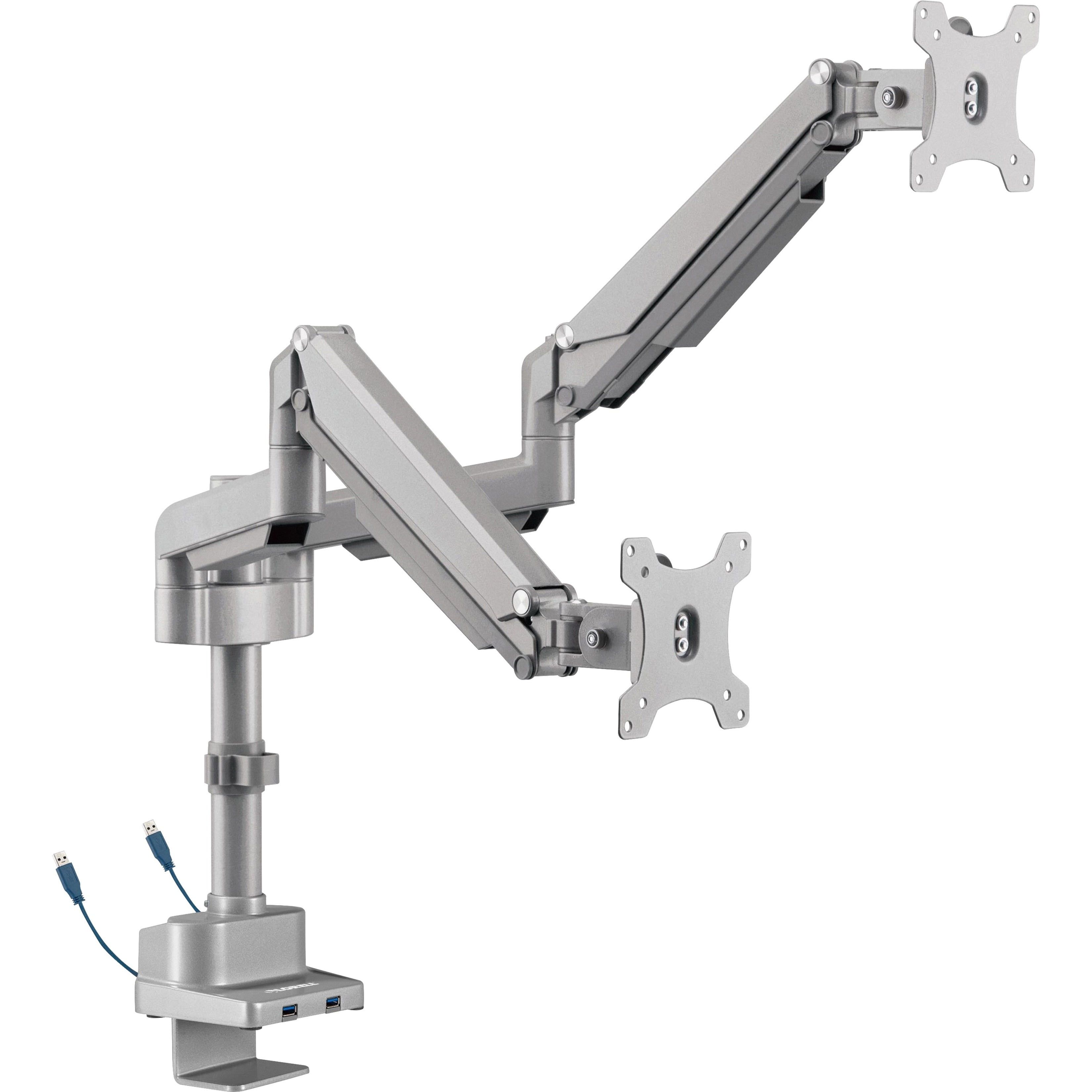 Gray Dual Monitor Arm with USB Ports and Adjustable Swivel