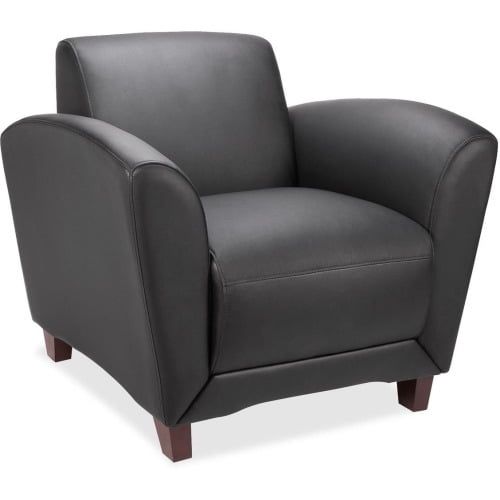 Modern Black Leather Club Chair with Mahogany Wooden Legs