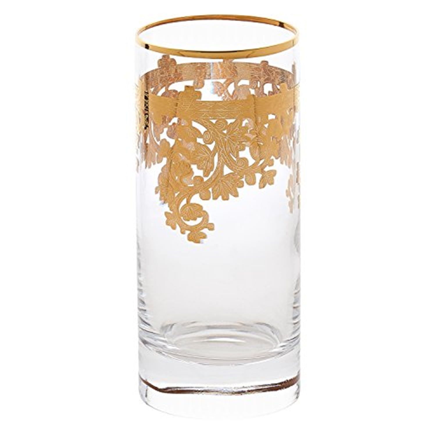 Elegant 24K Gold Floral Embellished Crystal Highball Tumblers, Set of 4