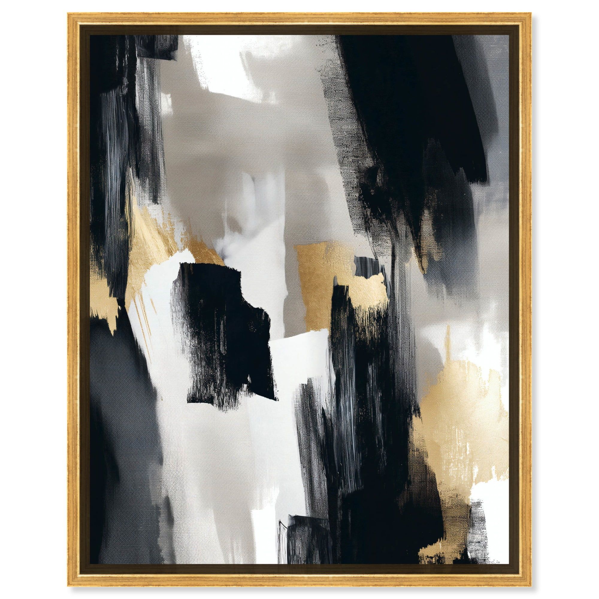 Modern Black, White, and Gold Abstract Canvas Art with Wooden Frame