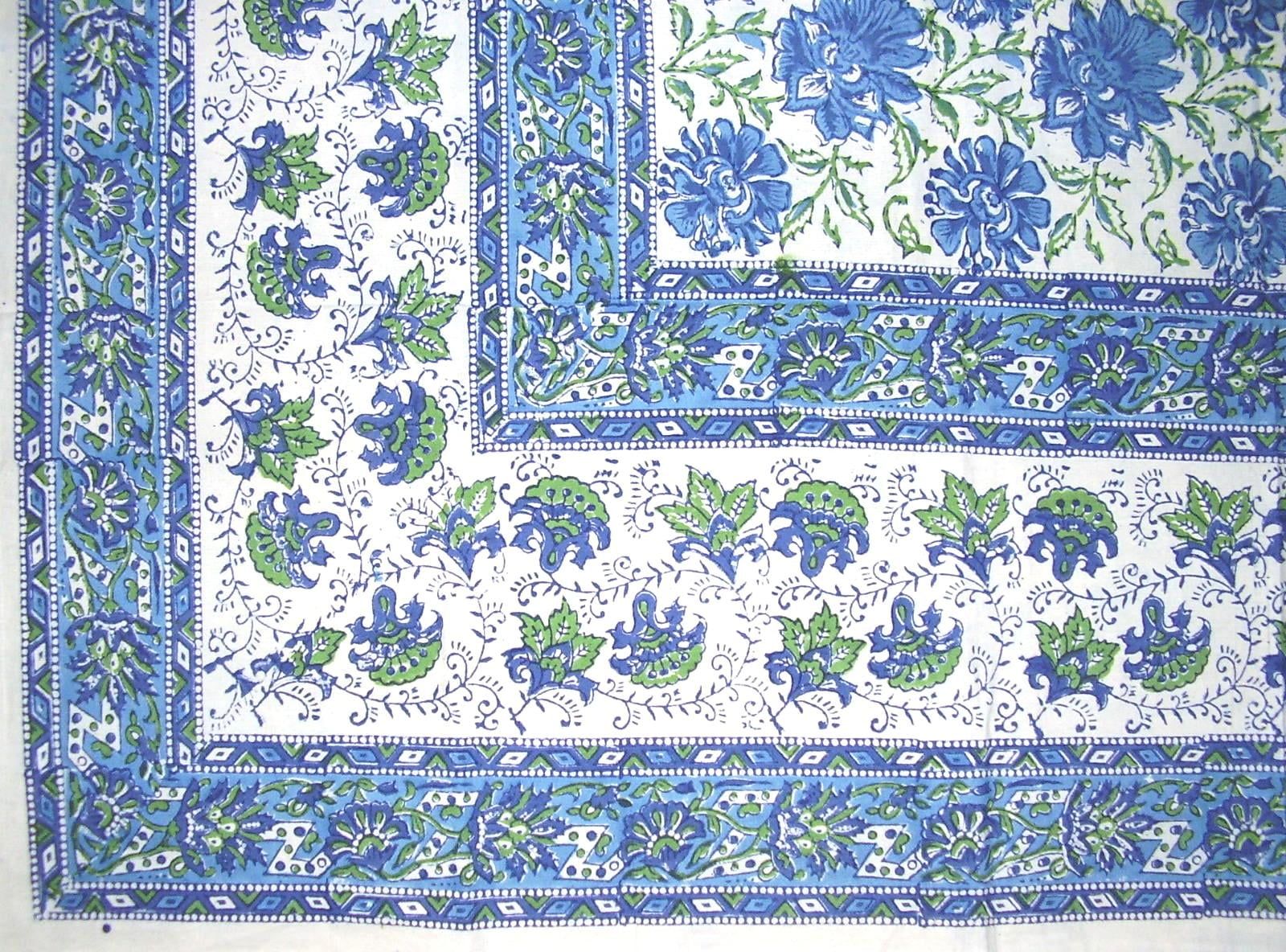 Blue and Green Lotus Flower Block Print Cotton Square Tablecloth 60" x 60"