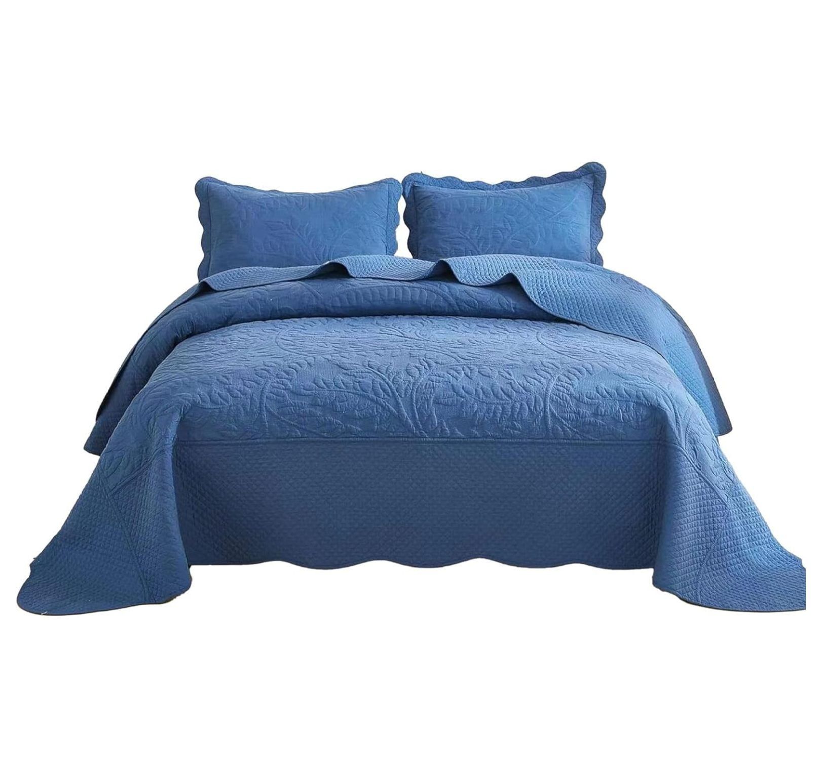 Navy Cotton Queen Embroidered Bedspread Set