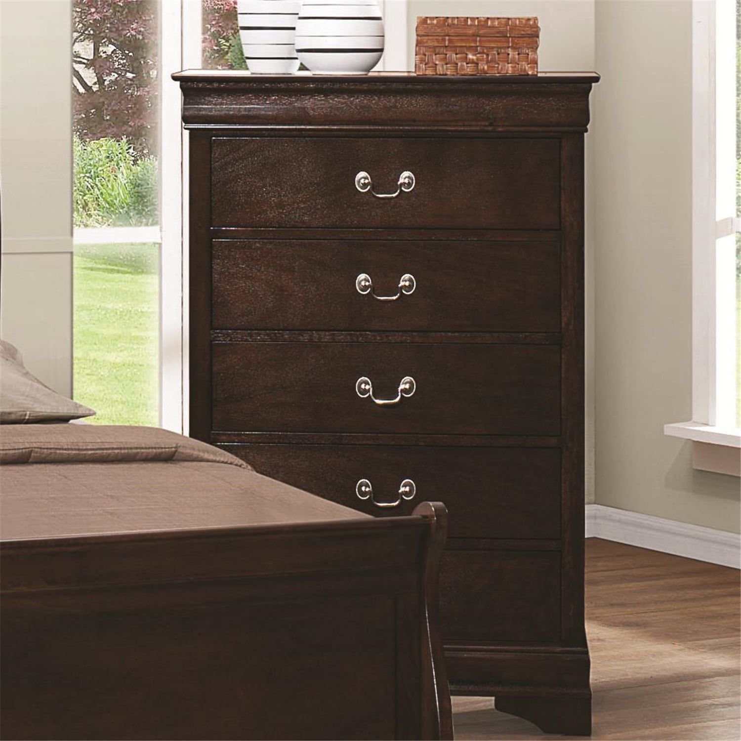 Cappuccino Brown Transitional 5-Drawer Chest with Silver Handles