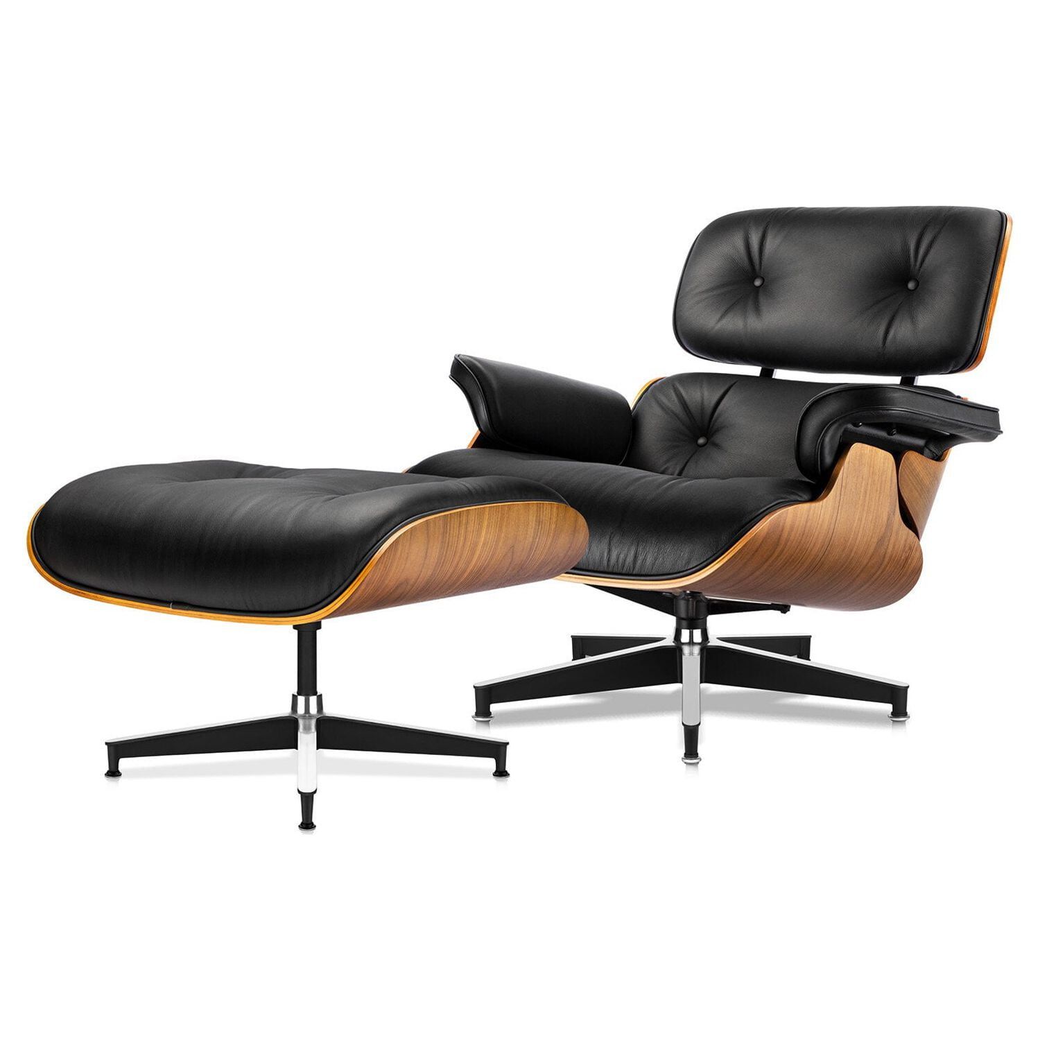 Mid-Century Black Leather and Walnut Swivel Chaise Lounge