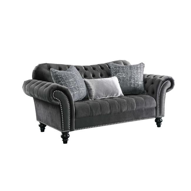 Elegant Gray Leather Tufted Loveseat with Rolled Arms and Nailhead Accents