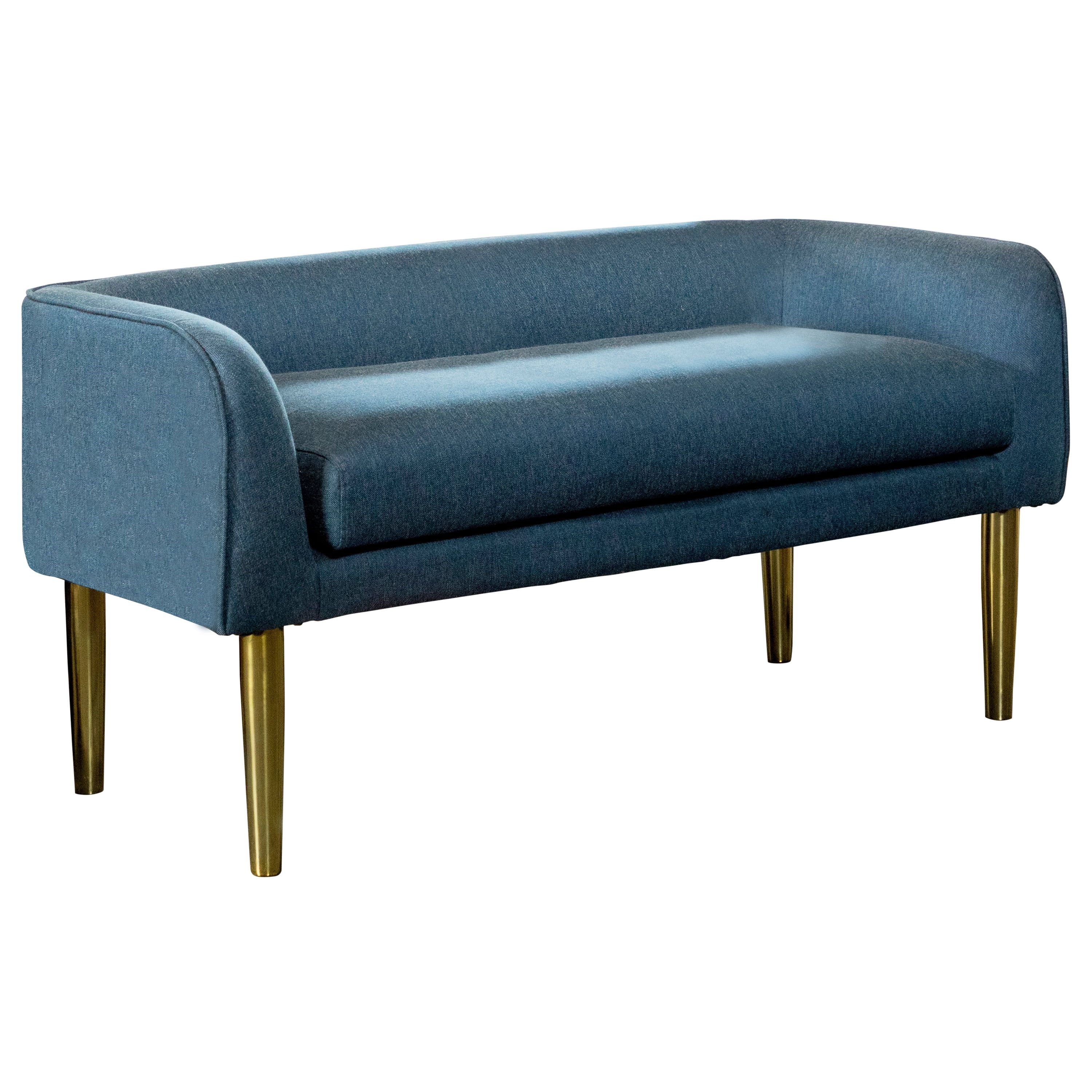 Blue Upholstered Bench with Gold Tapered Legs, 50.5"