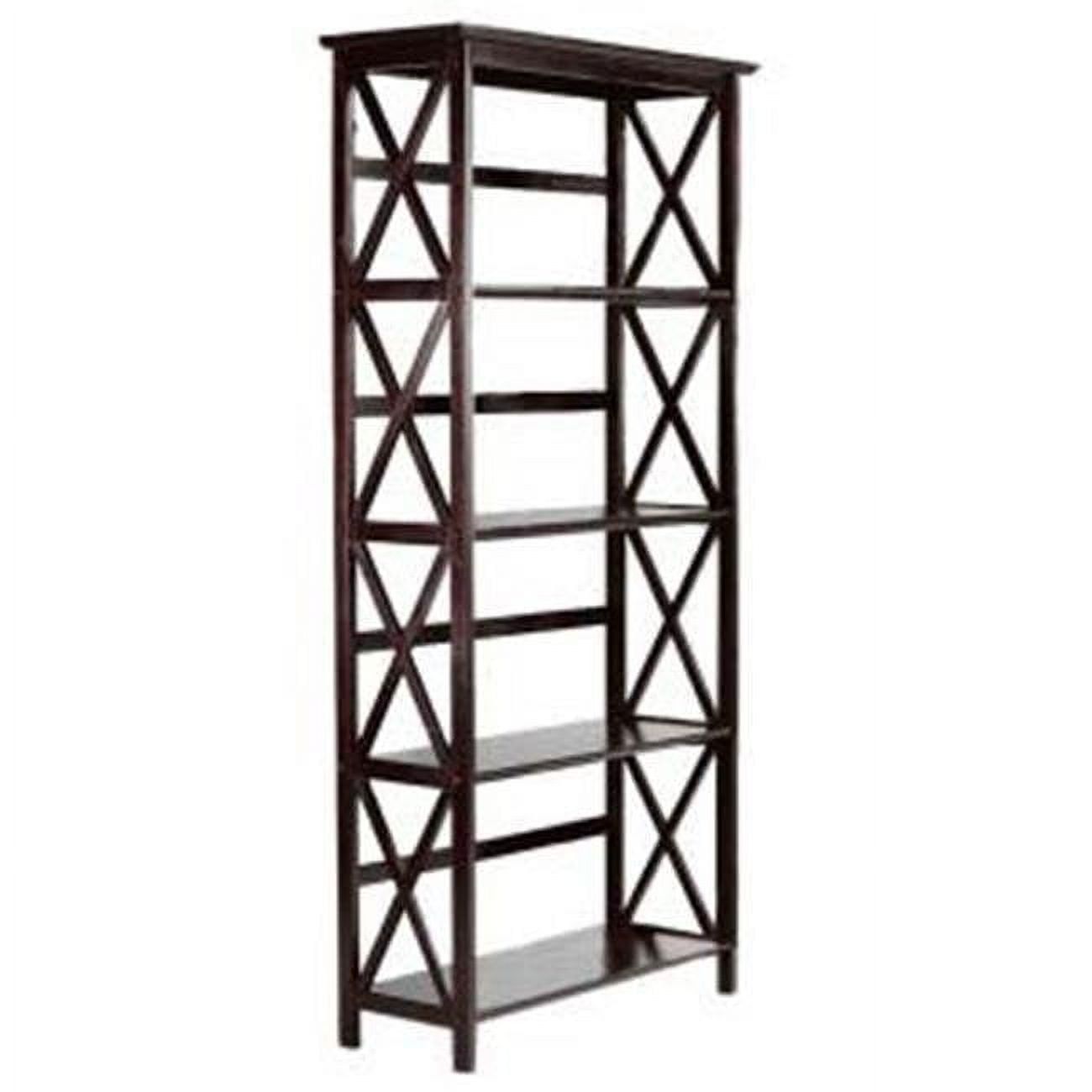 Espresso Solid Wood Adjustable 5-Shelf Bookcase with X-Design