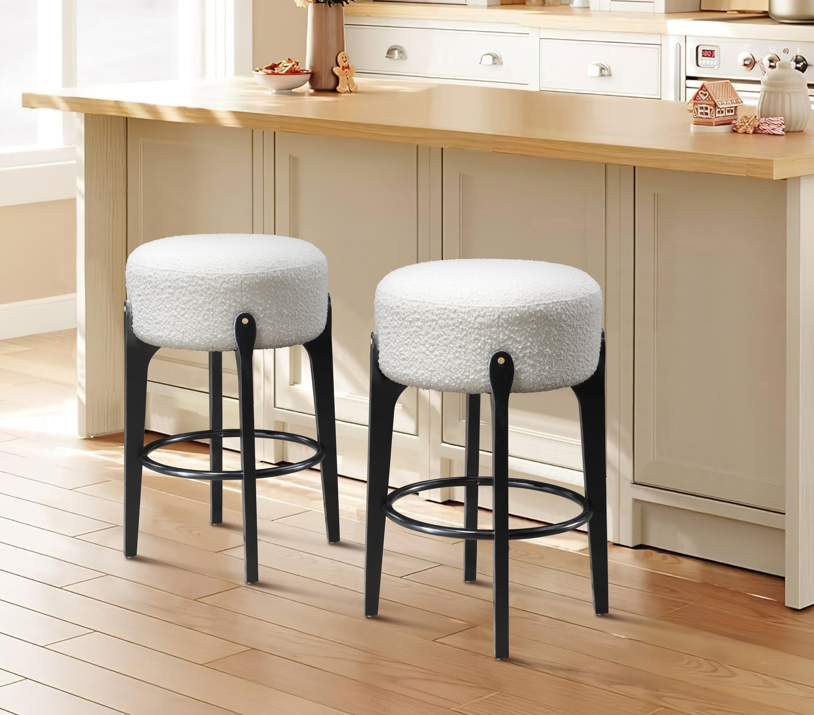 Ellie Black Wood Backless Bar Stool with White Boucle Seat