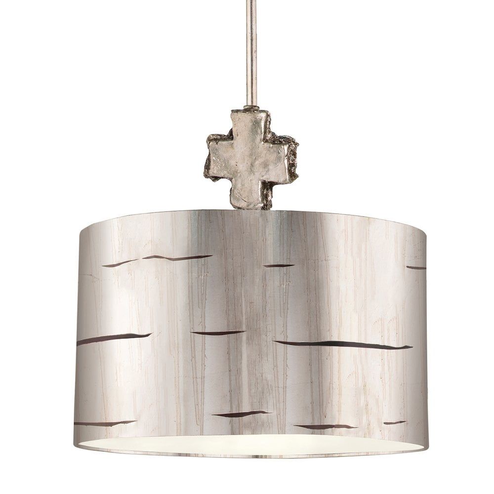 Aged Silver Leaf Drum Pendant Light with Glass Shade