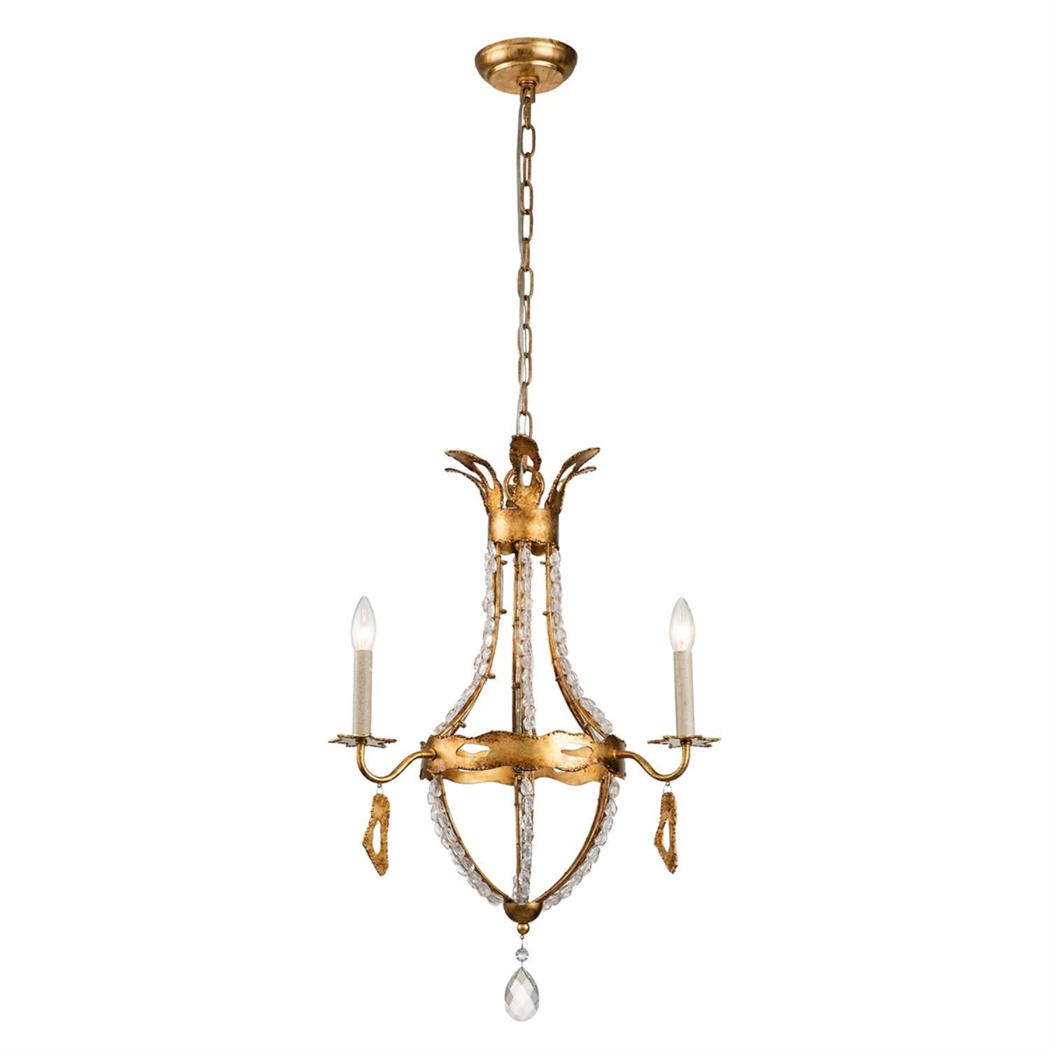 Mini Antique Gold Leaf 3-Light Crystal Candle Chandelier