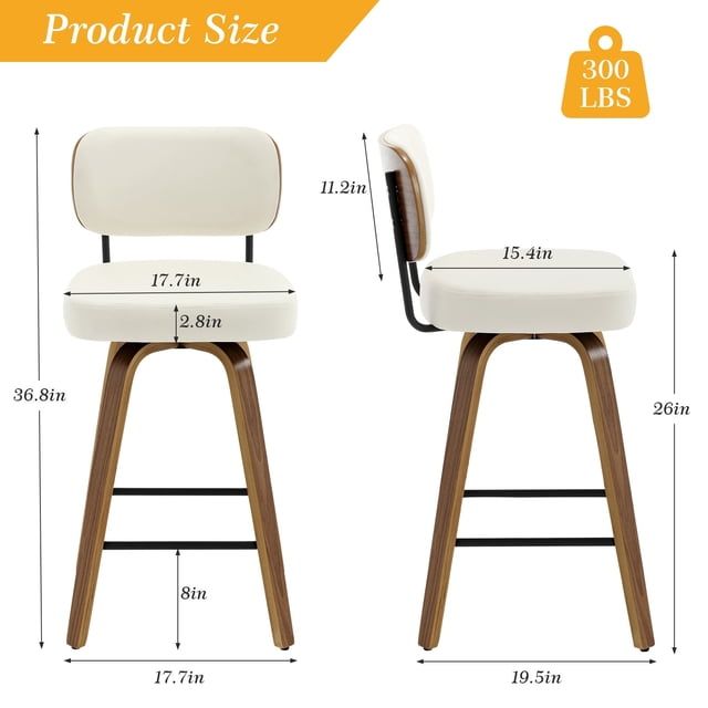 Cream White Faux Leather Swivel Bar Stools with Walnut Bentwood Legs