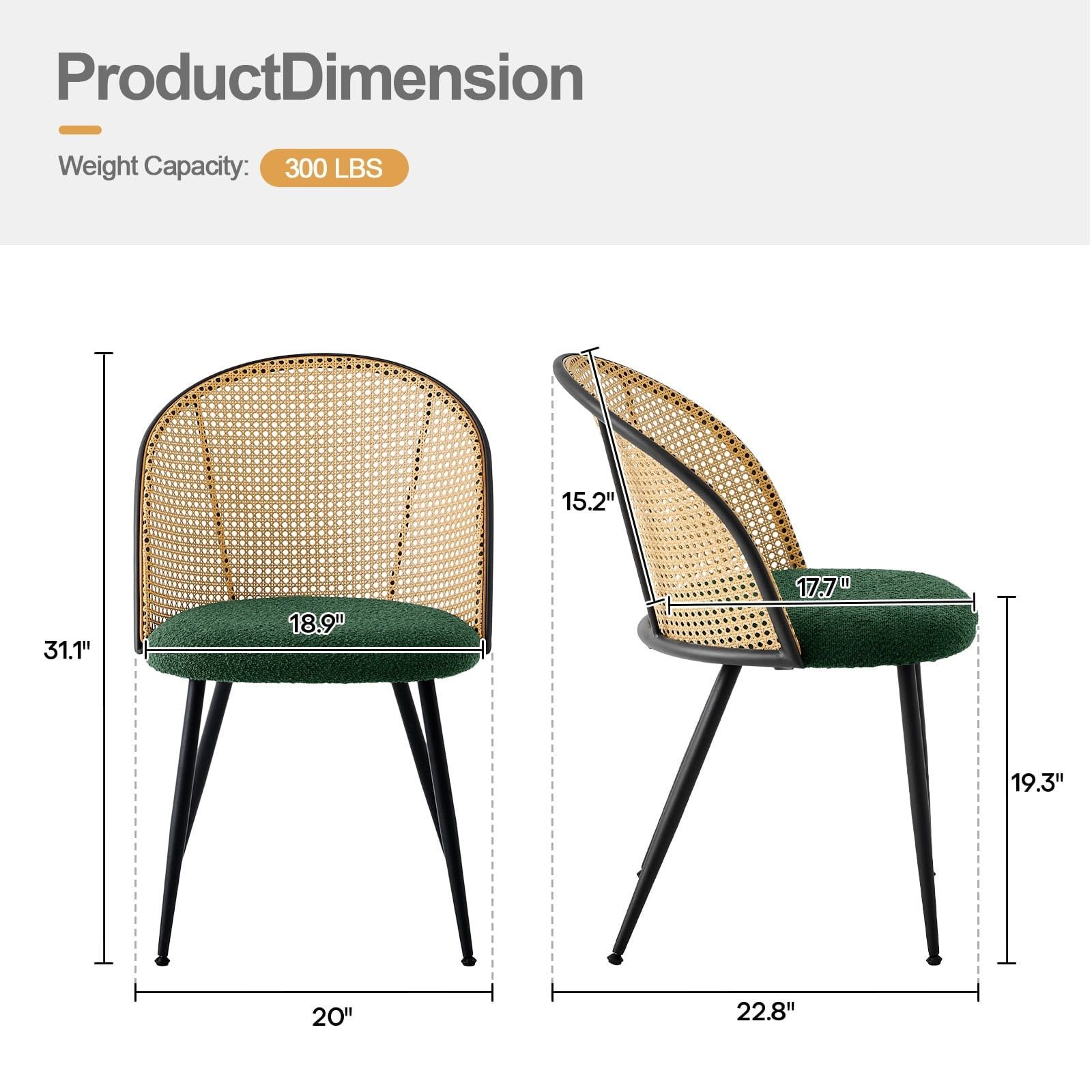 Green Boucle Fabric Upholstered Rattan Side Chair with Natural Cane Back