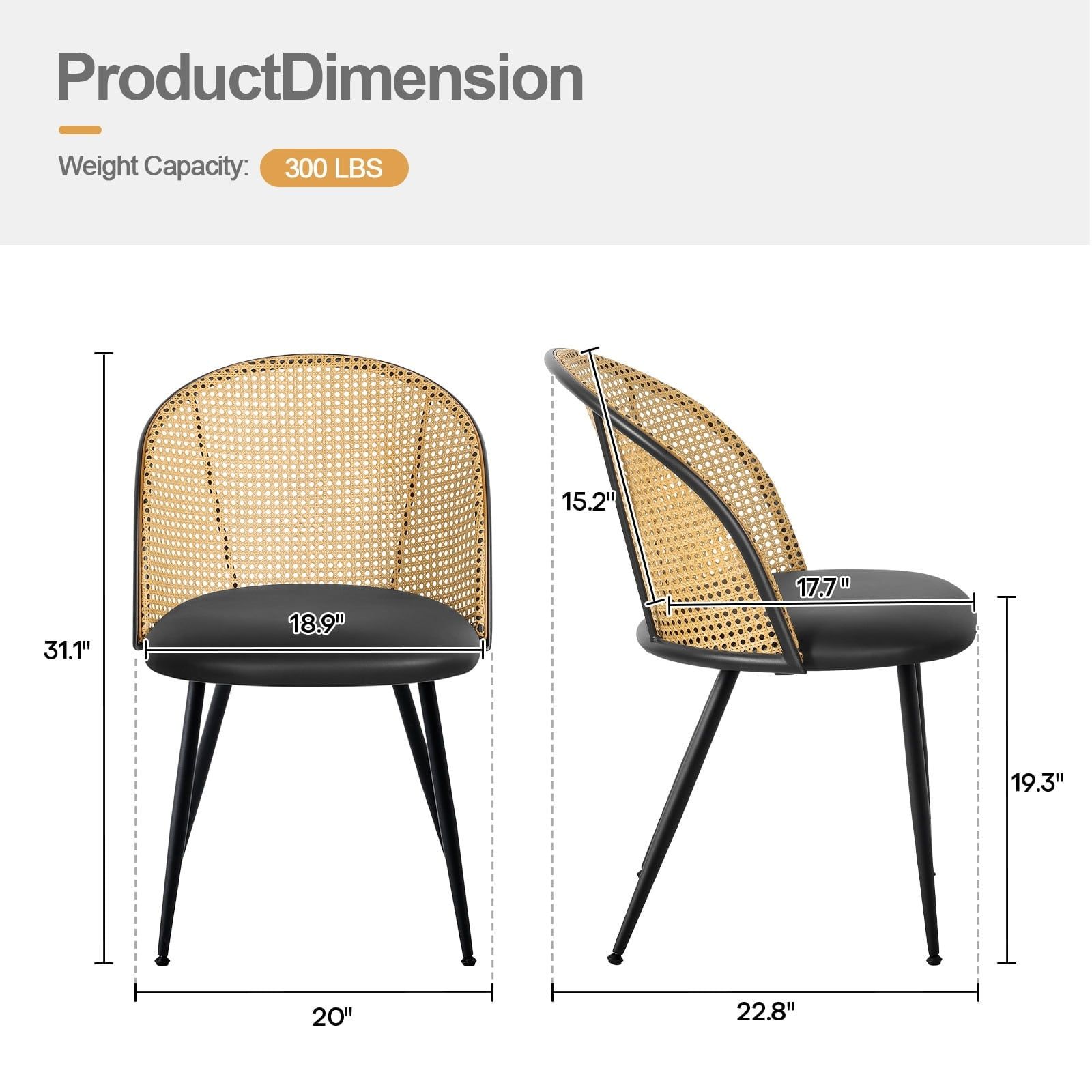 Modern Black Faux Leather and Natural Rattan Dining Chairs, Set of 2