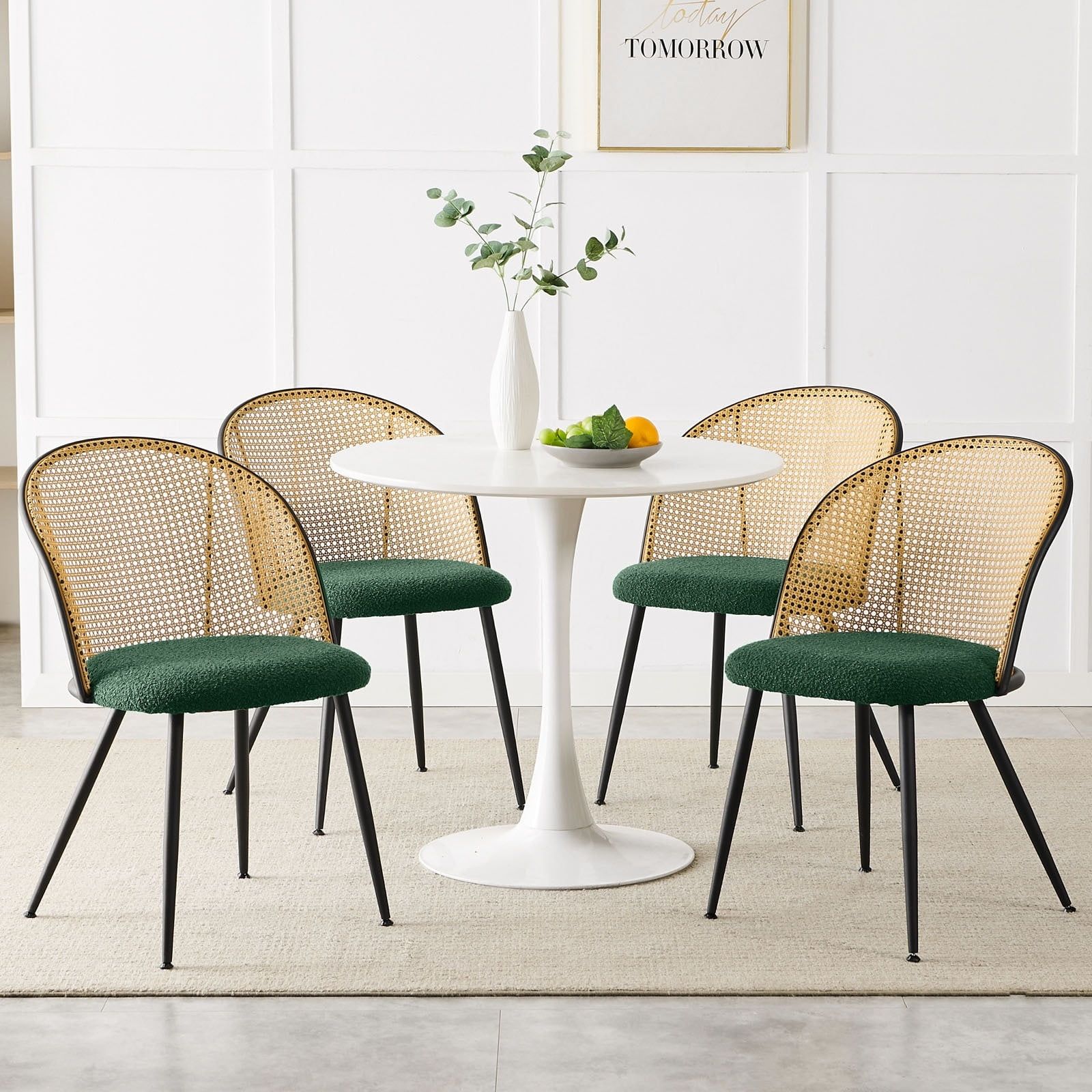 Set of 4 Green Upholstered Rattan Dining Chairs with Black Metal Frame