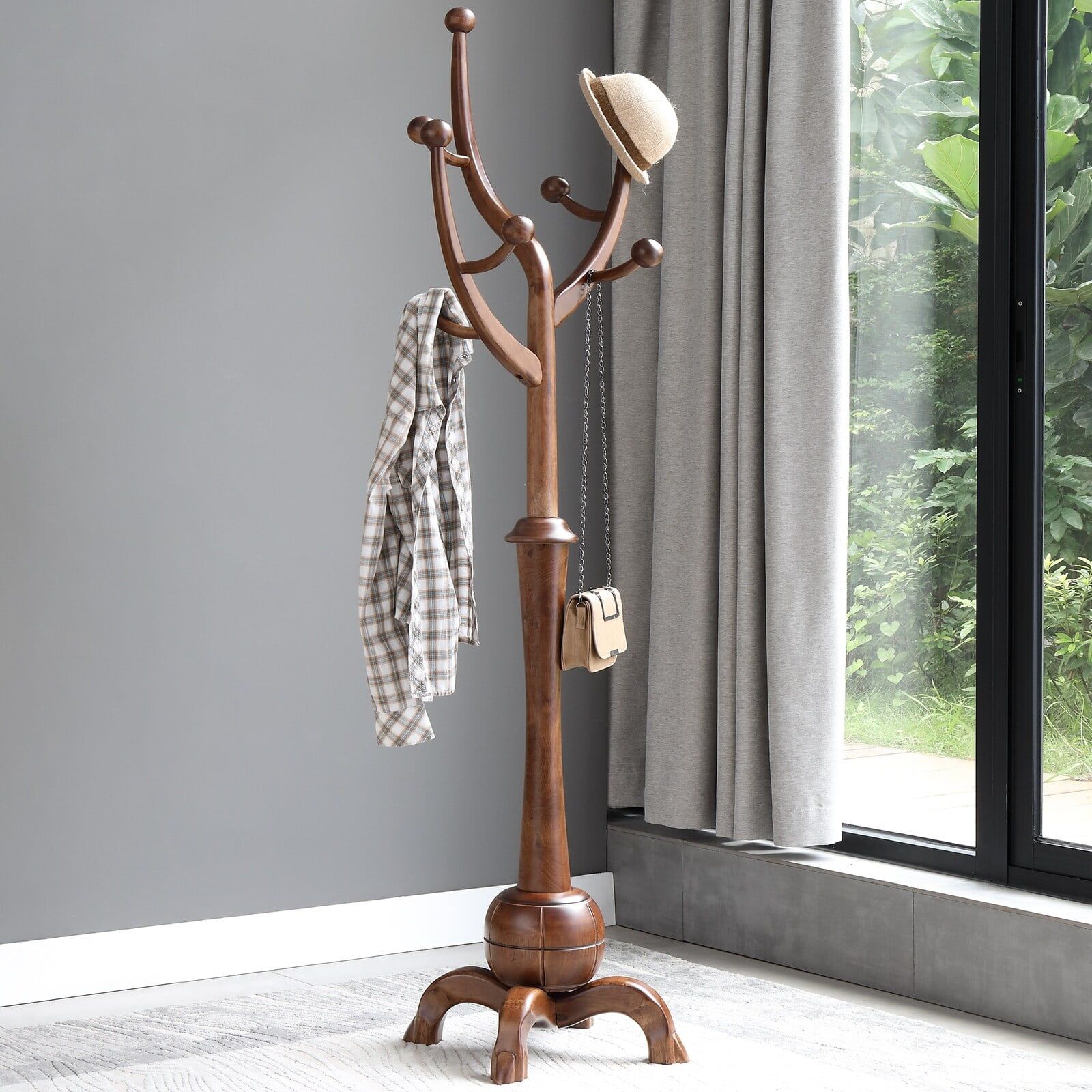 Walnut Brown Freestanding Wooden Coat Rack with 8 Hooks