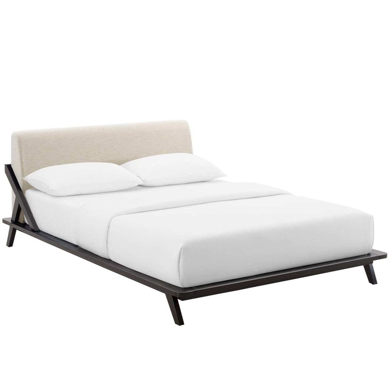 Luella Queen Walnut Beige Upholstered Wood Platform Bed