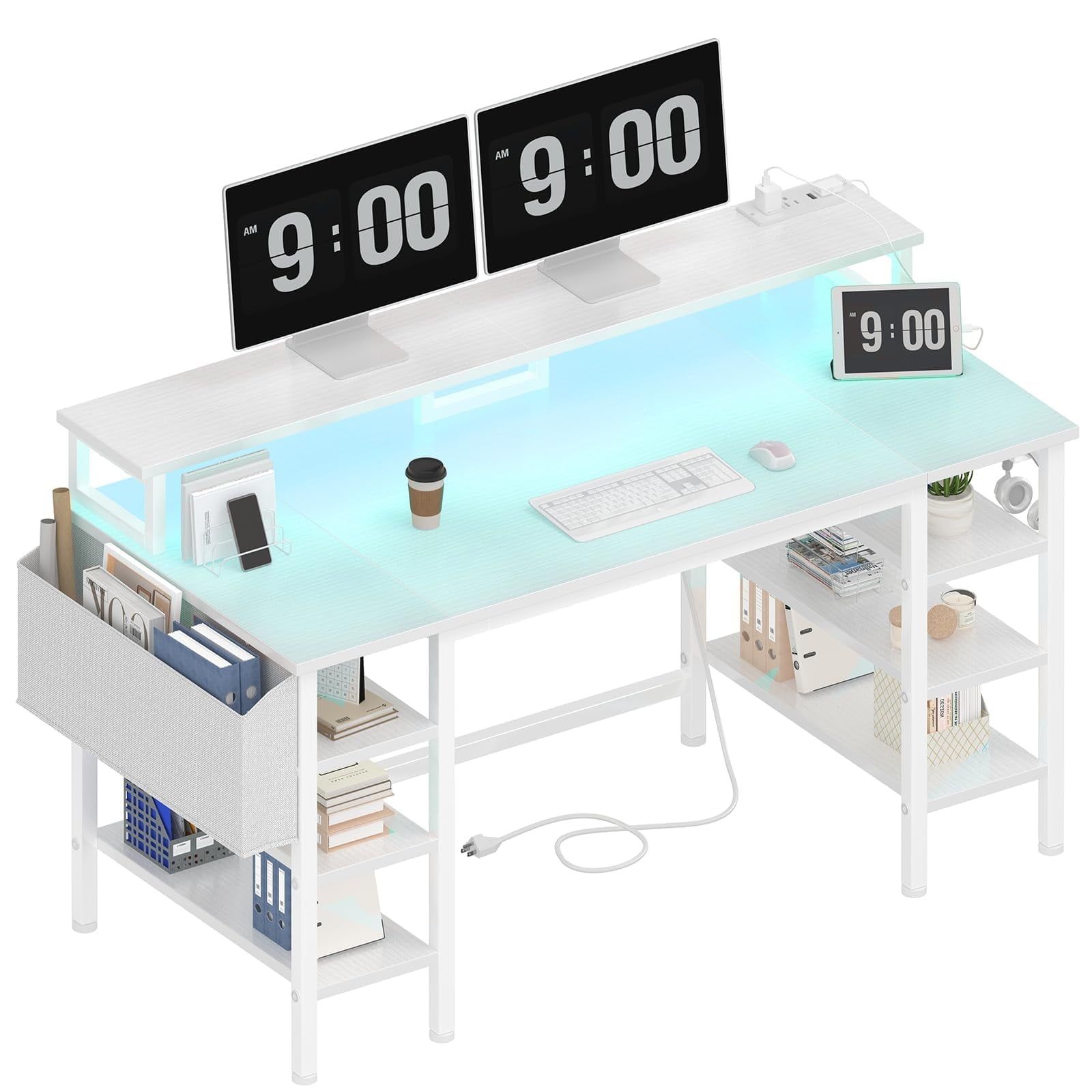 White Adjustable Height Wood Desk with LED Lights and Power Outlets