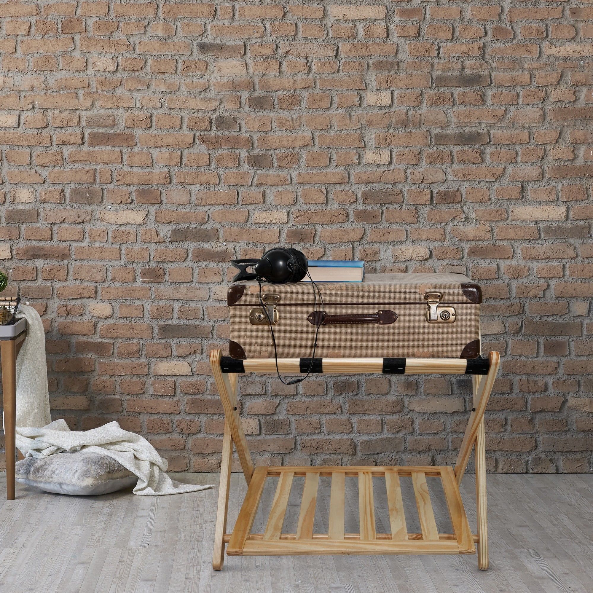 Natural Wood Folding Luggage Rack with Shelf