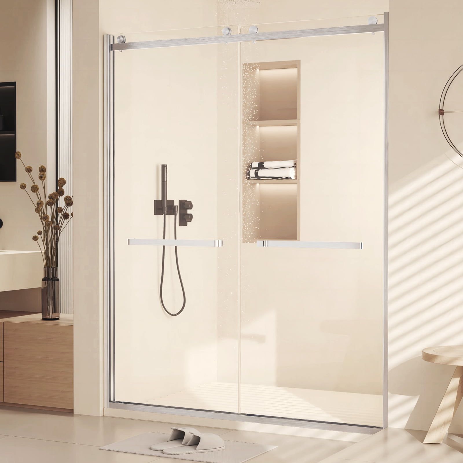 Nickel Brushed Frameless Sliding Glass Shower Door with Tempered Glass