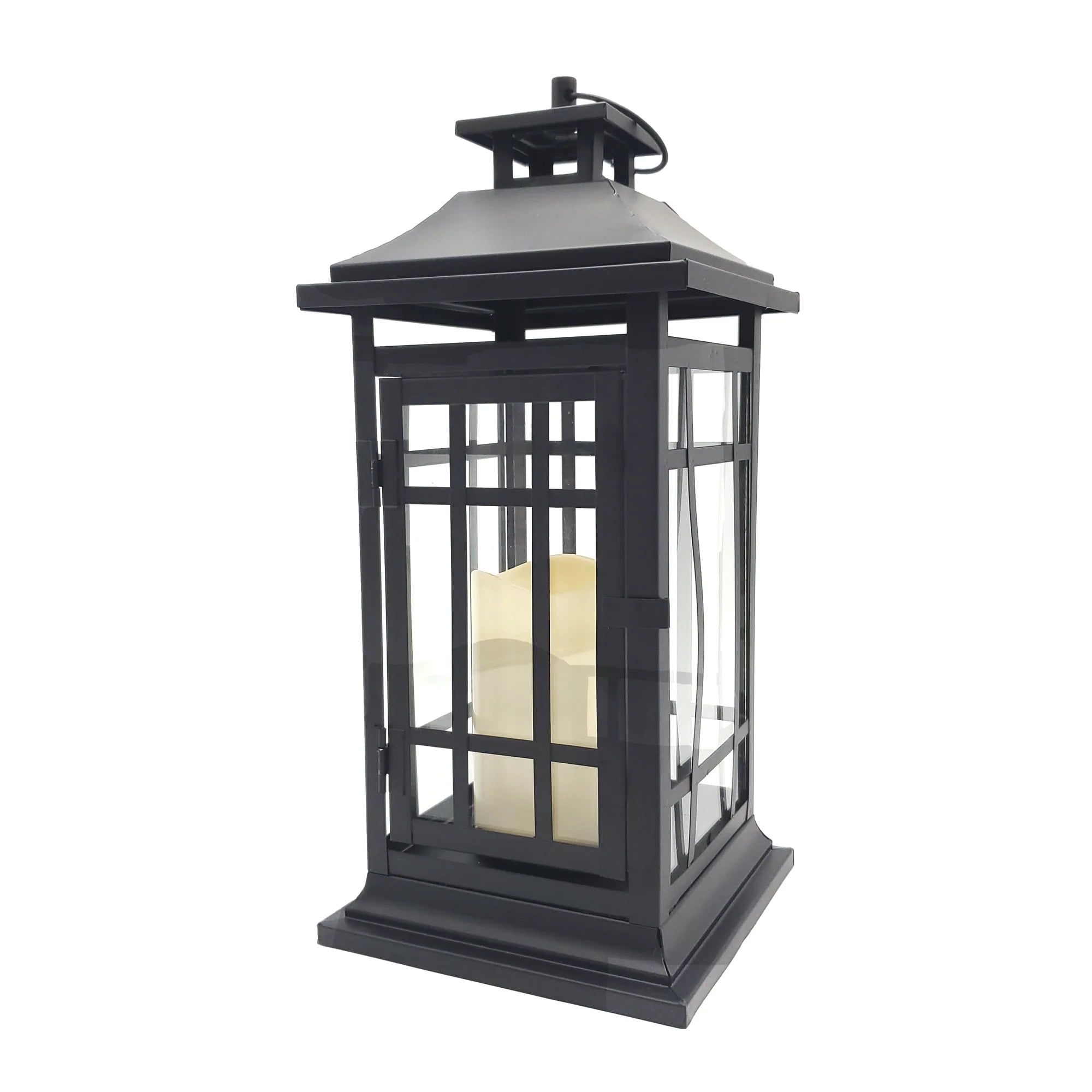 14" Black Metal Lantern with Amber LED Candle