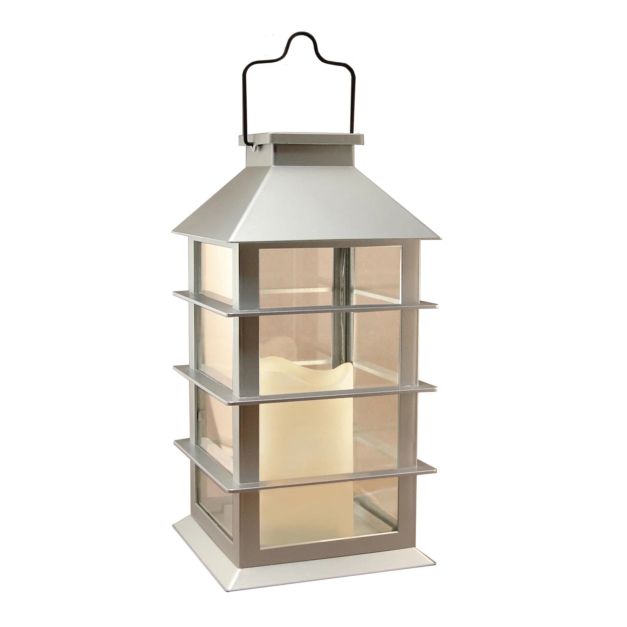 Silver Hanging Solar LED Candle Lantern with Glass Panels