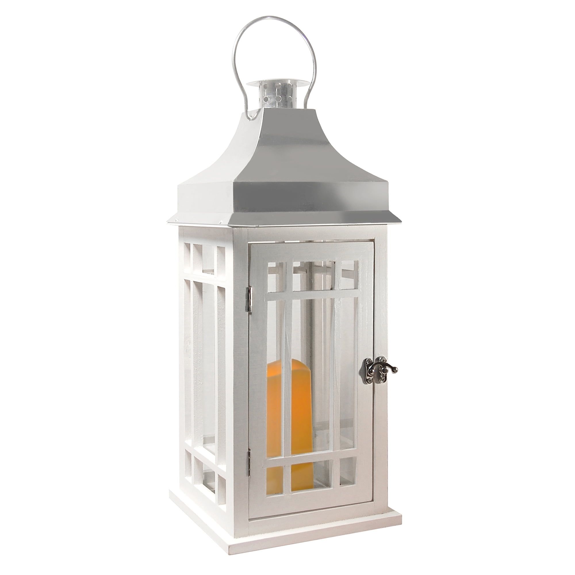 Elegant White Wood and Chrome LED Lantern, Flameless Ambient Light