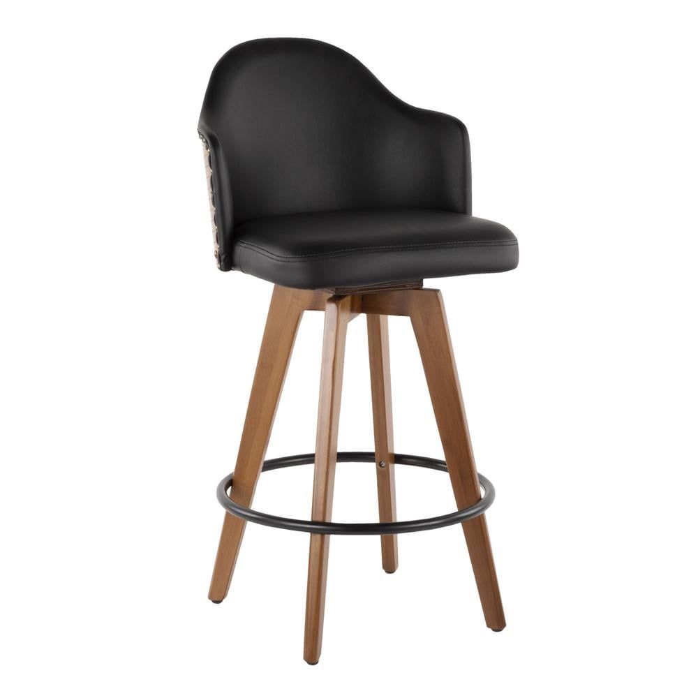 Walnut and Black Swivel Faux Leather Counter Stool