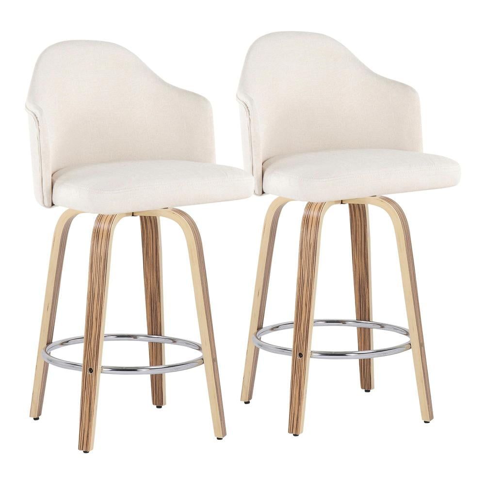 Cream and Chrome Swivel Counter Stools with Bamboo Legs, Set of 2