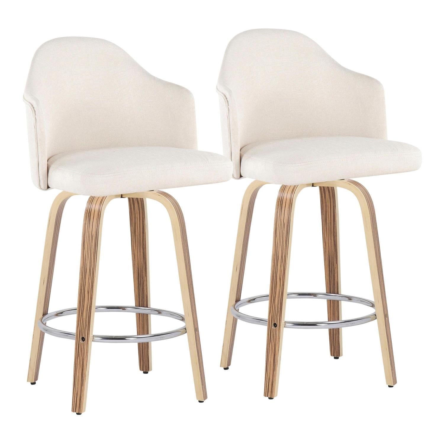 Cream and Chrome Swivel Counter Stools with Bamboo Legs, Set of 2