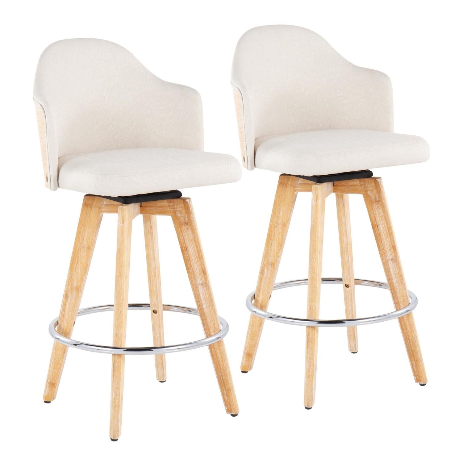 Cream Fabric and Natural Wood Swivel Counter Stools, Set of 2