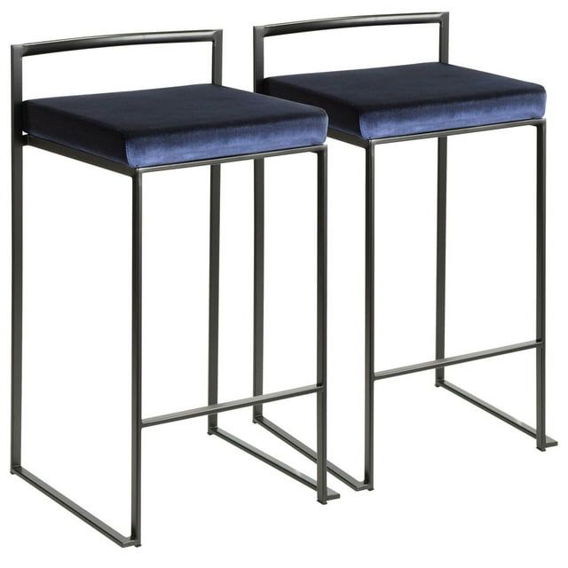 Fuji Black Metal Counter Stools with Blue Velvet Cushions - Set of 2